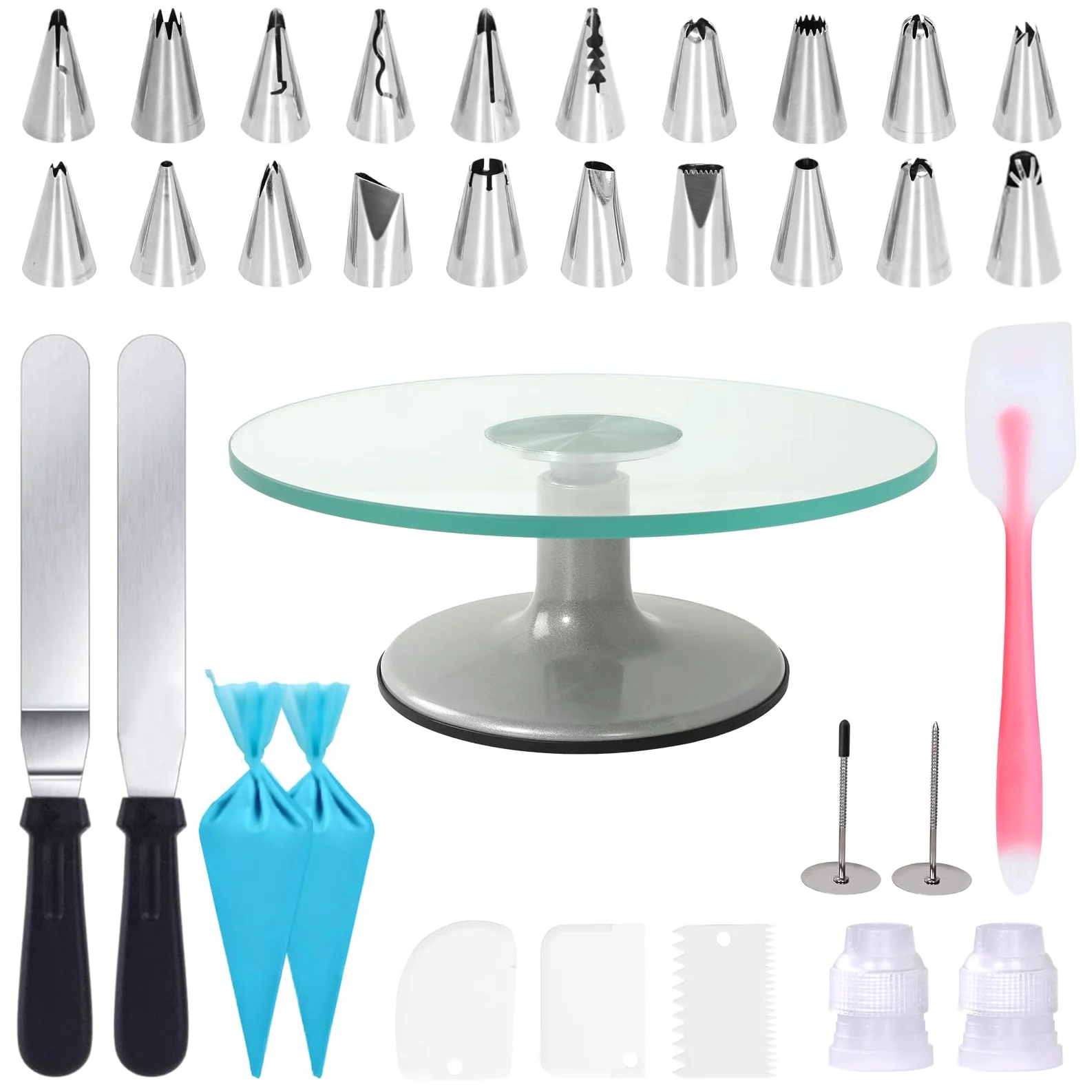 Uten Kit de Pâtisserie, 33 pcs Fournitures de Décoration de Gâteaux avec Plateau Tournant en Verre, Poche à Douille, Embouts de Passepoil, Outils de Cuisson