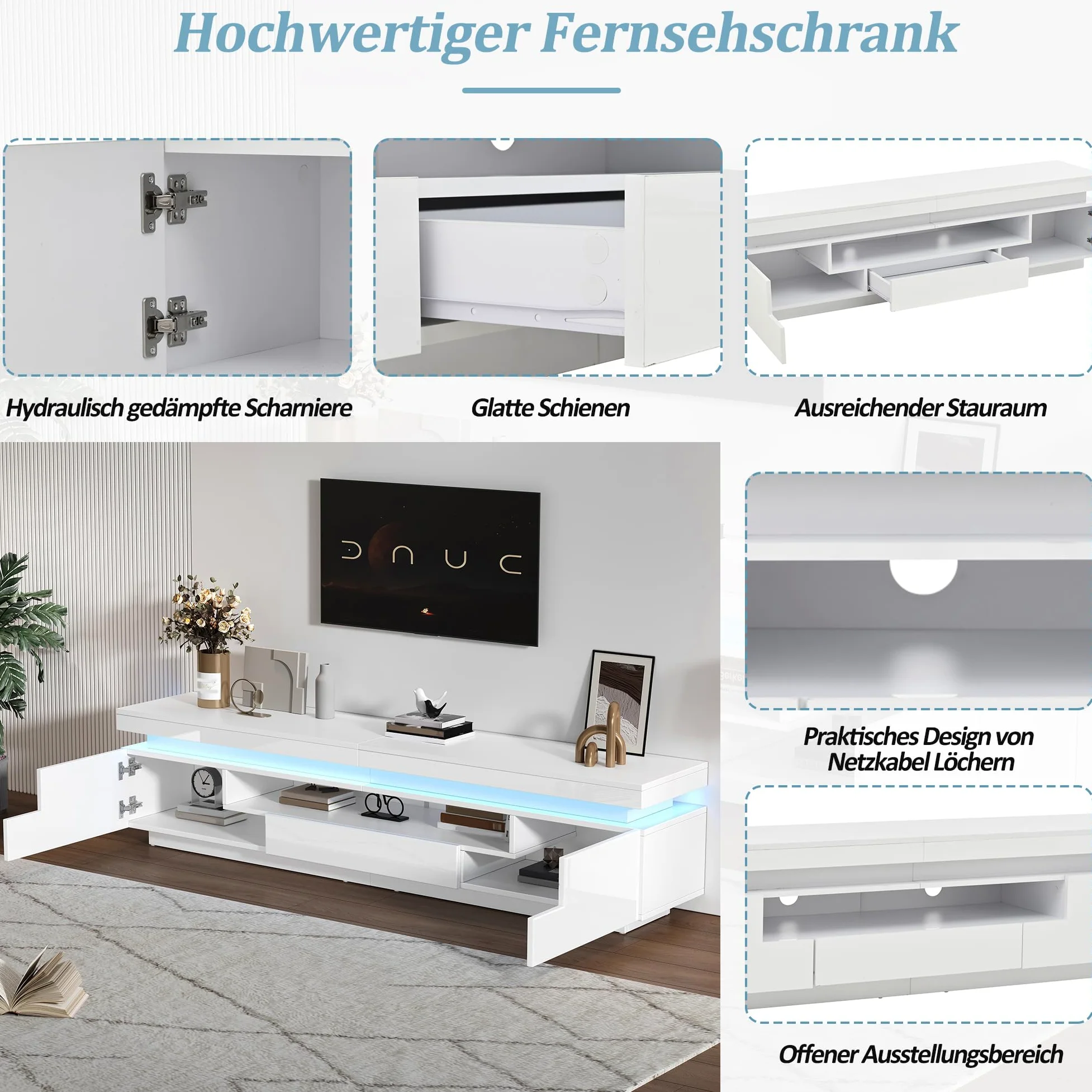 Meuble TV à Haute luminosité avec LED Portes tiroir Panneau Bas pour TV Jusqu’à 75 Pouces Meubles de Base avec Espace de Rangement Semi-Ouvert pour Le Salon Table d’Armoire TV Blanc