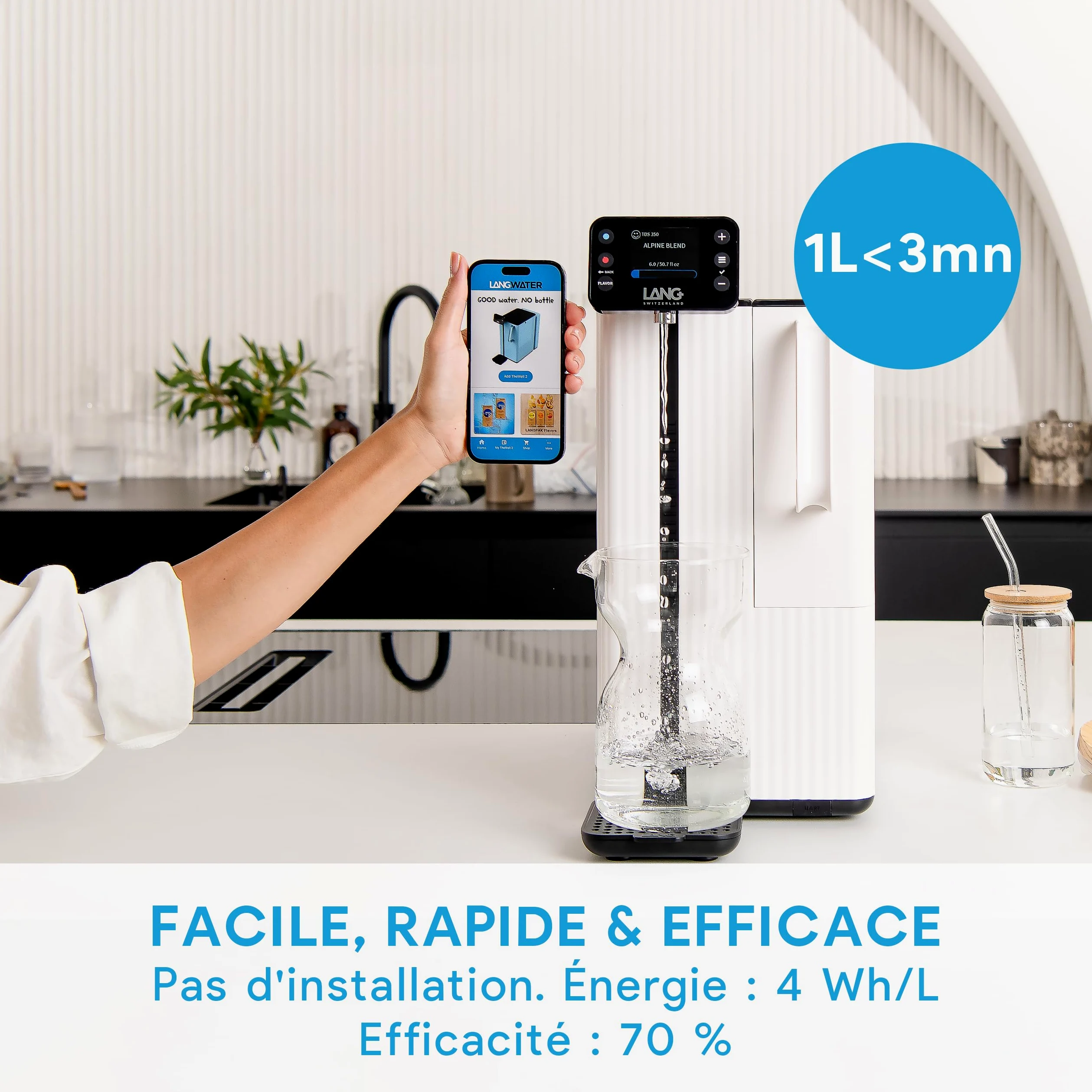 LANGWATER Purificateur d'eau & Mineralisation TheWell2 - Filtration eau potable avec Osmose Inverse, UV et Ajout de Minéraux (packs vendu séparément) - Distributeur Eau Chaude - Sans installation