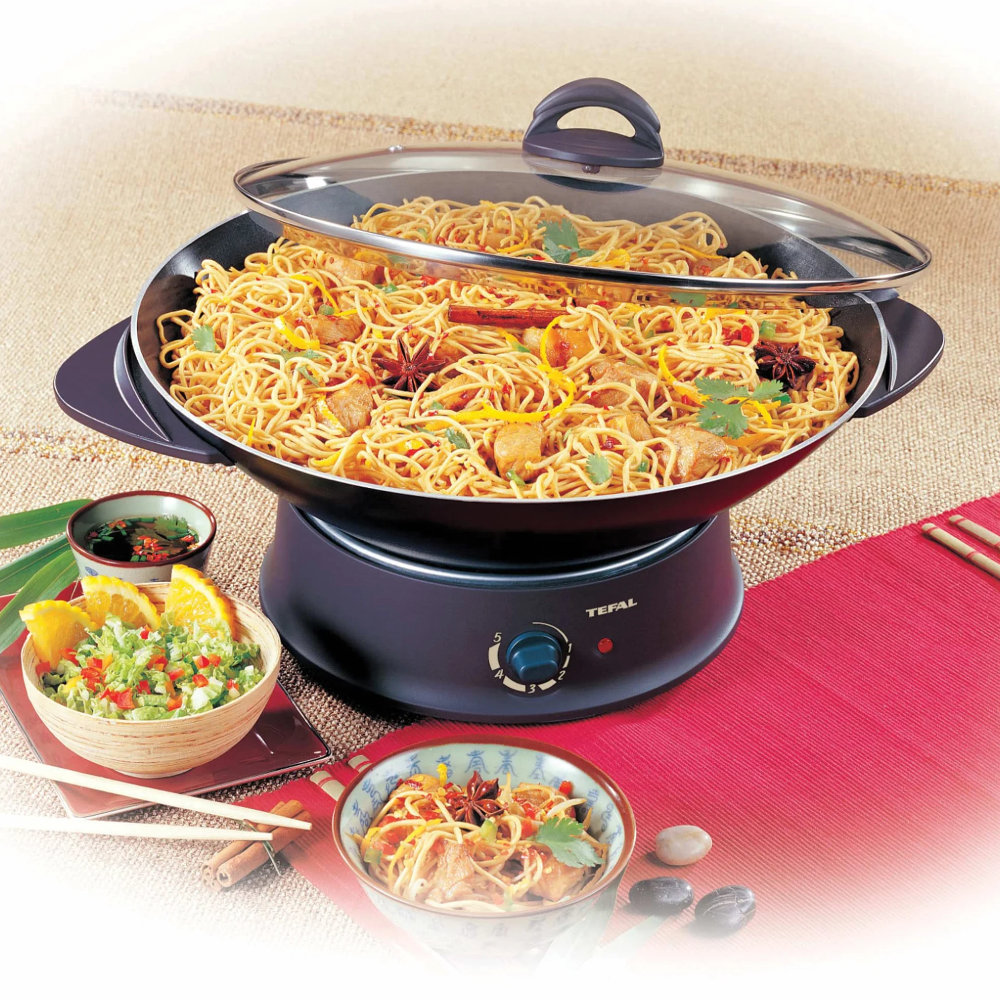 Tefal Wok + Appareil à Fondue, Couvercle Verre, Thermostat Réglable, Cuve Antiadhèsive, Caquelon Aluminium, 8 Fourchettes Incluses WK302013