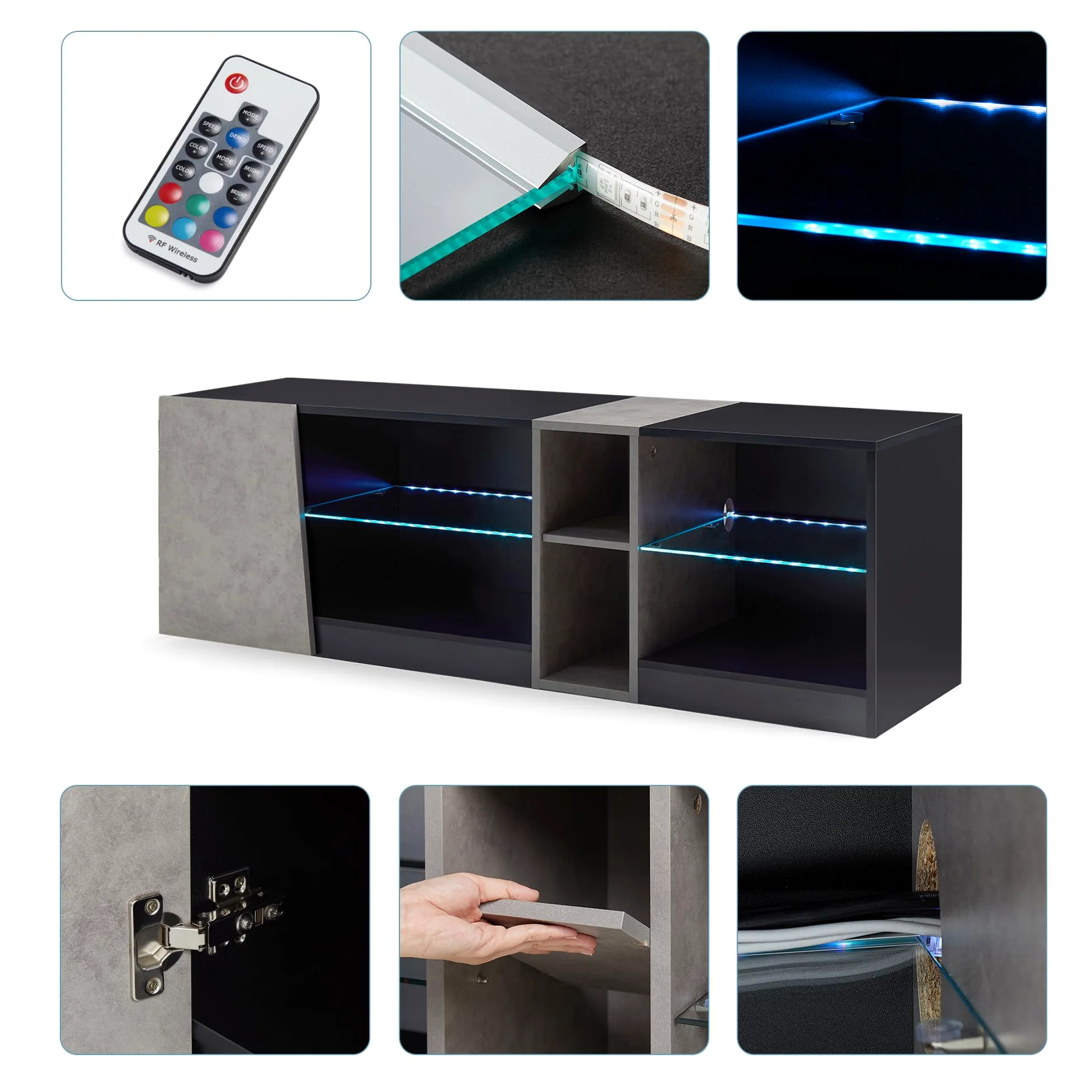 Mondeer Meuble TV, Support Télé LED avec 5 Compartiments et 1 Porte, pour TV de 55 Pouces, pour Salon Chambre à Coucher, W140 x H45 x D37,5 cm, Noir et Gris