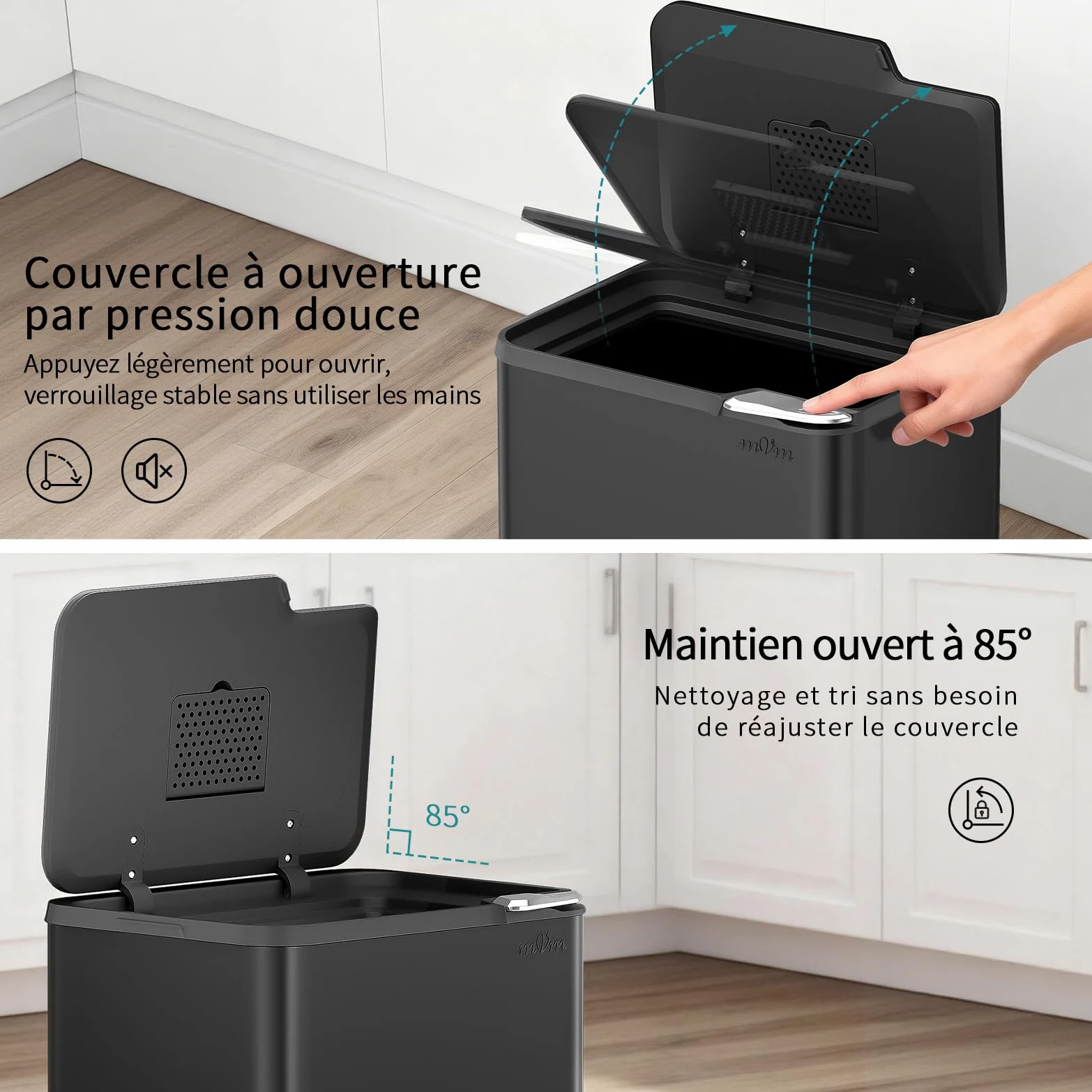 mVm Poubelle de Cuisine, Bureau 80L, avec Couvercle et Filtre Déodorant, Fermeture Douce et Maintien en Ouverture, en acier inoxydable, forme Rectangulaire, Support Détachable