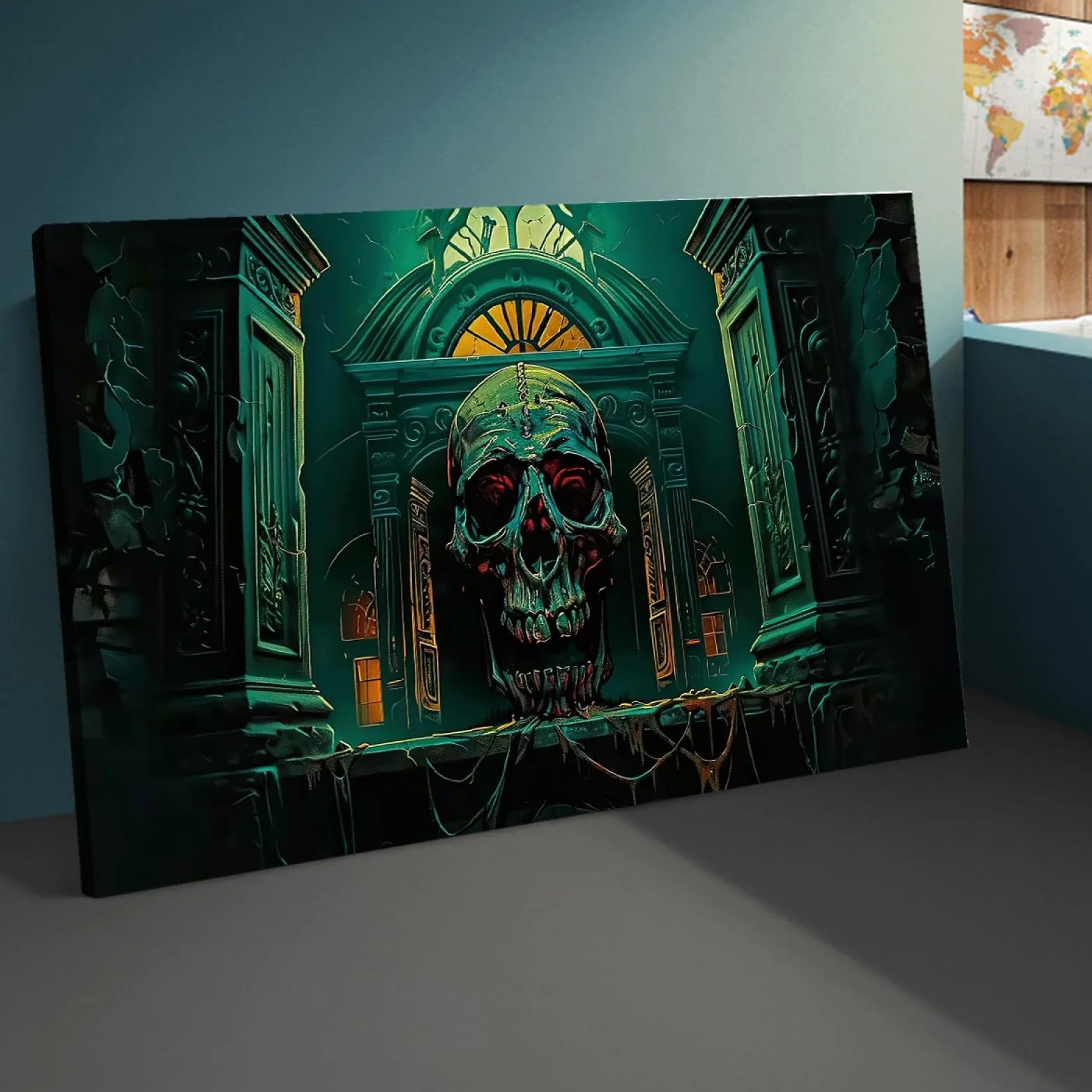 Via Vela Gothique Halloween Art Impression sur toile Horreur Rétro Squelette Château Affiche Peinture Art Mural pour Salon Chambre Décoration Maison 60x100cm Cadre intérieur