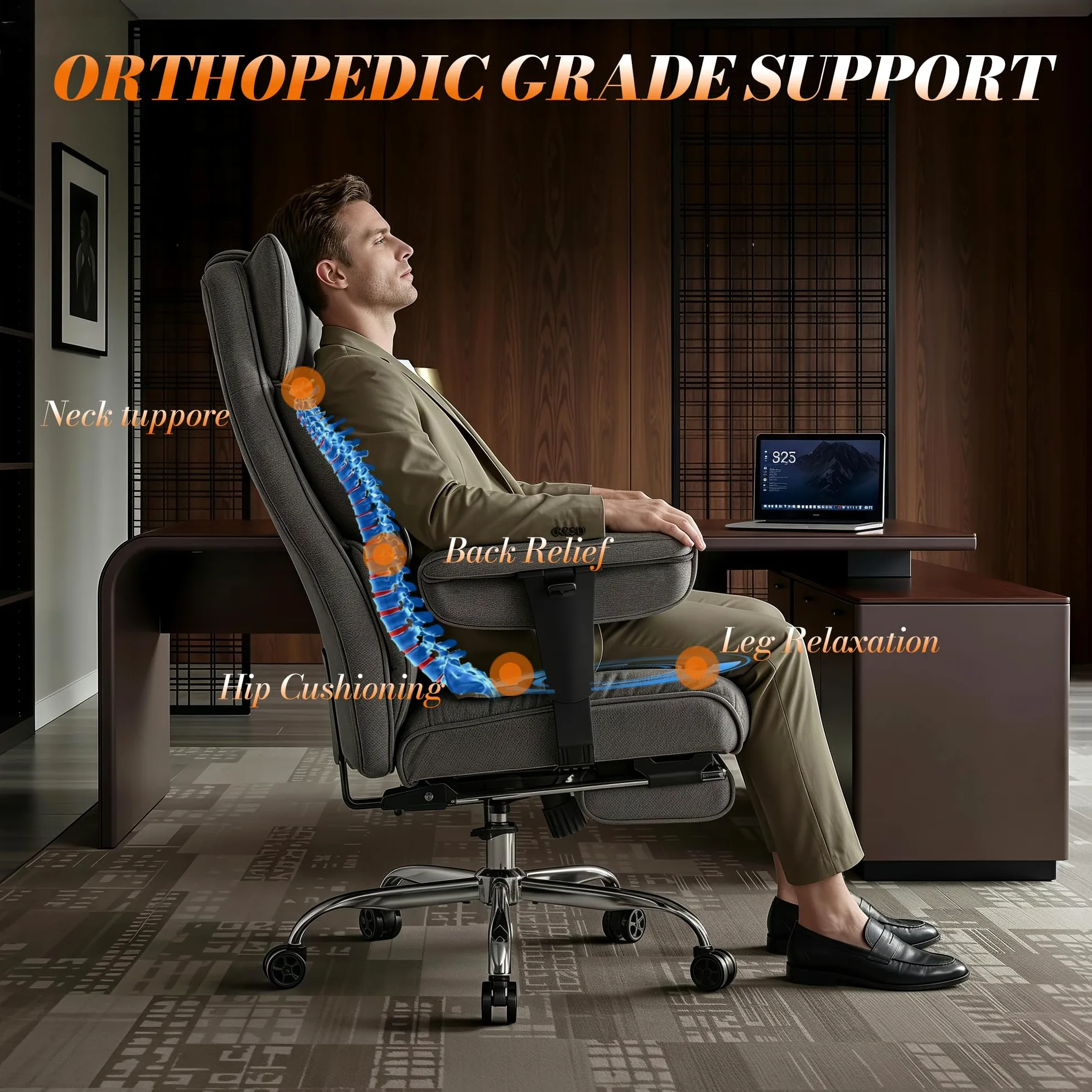 Efomao Chaise de Bureau en Tissu Grande Taille, Fauteuil Ergonomique 200KG, Siège Ordinateur Réglable à Dossier Haut, Chaise Pivotante avec Repose-Pieds et Coussin Lombaire