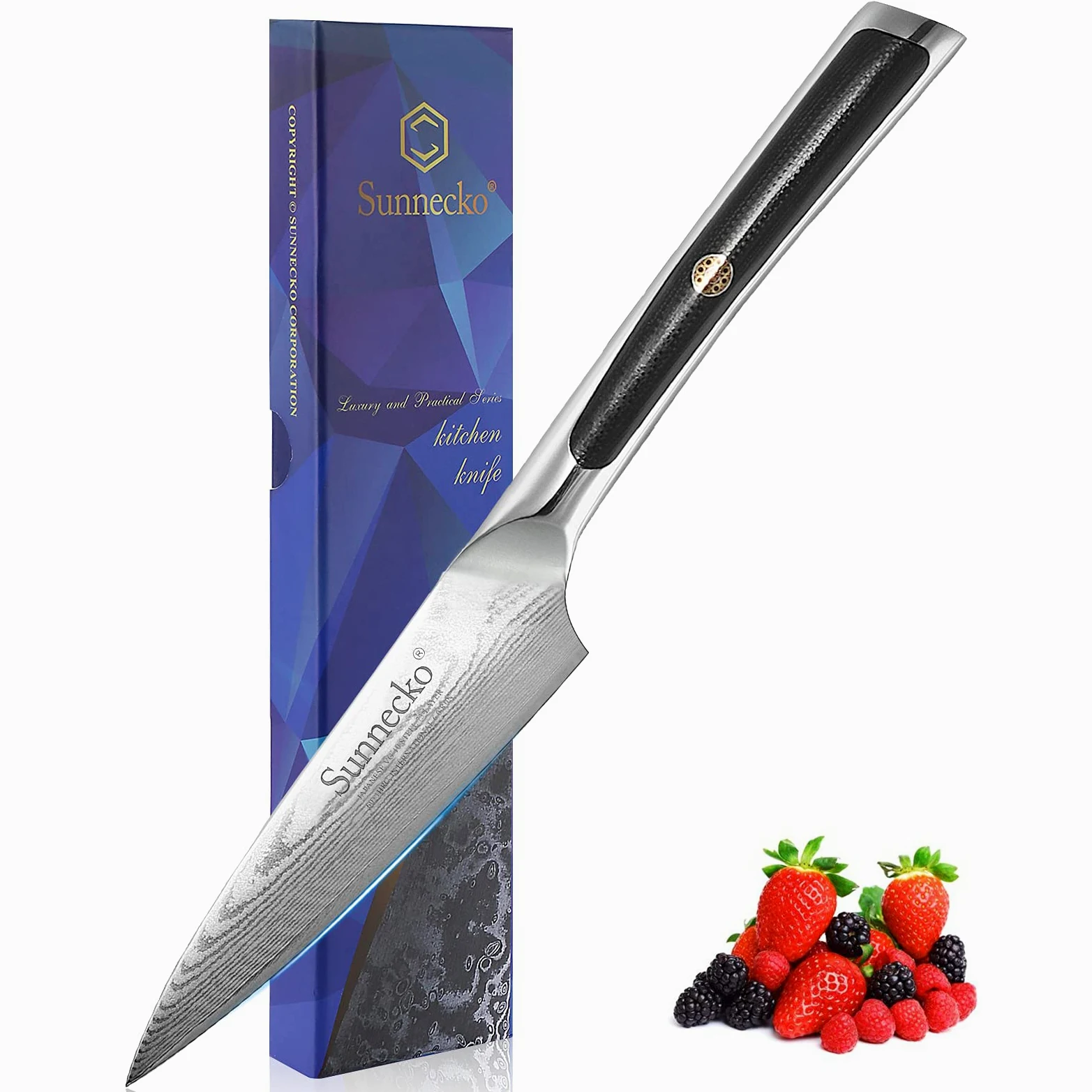 Sunnecko Couteau Office en Acier Damas 73 Couches, Couteau Cuisine d'office Professionnel 9cm à Éplucher Fruit Légume, Poignée G10