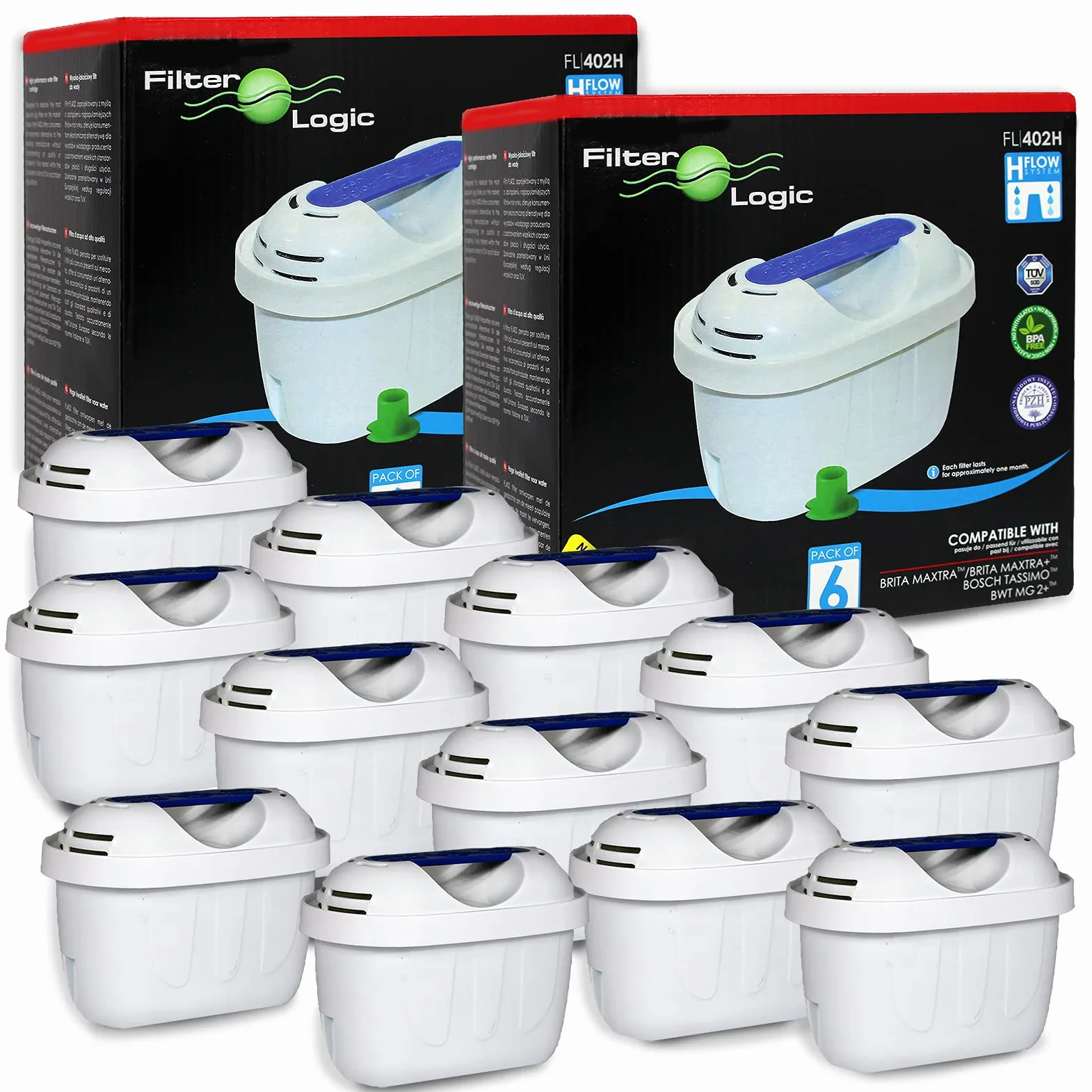 FilterLogic FL402H | 12x Cartouche filtrante compatible avec Brita Maxtra+ | Filtre à eau pour carafe fill & Enjoy Marella, Style, Flow, Elemaris, Fun; aussi pour Tassimo machine cafetière