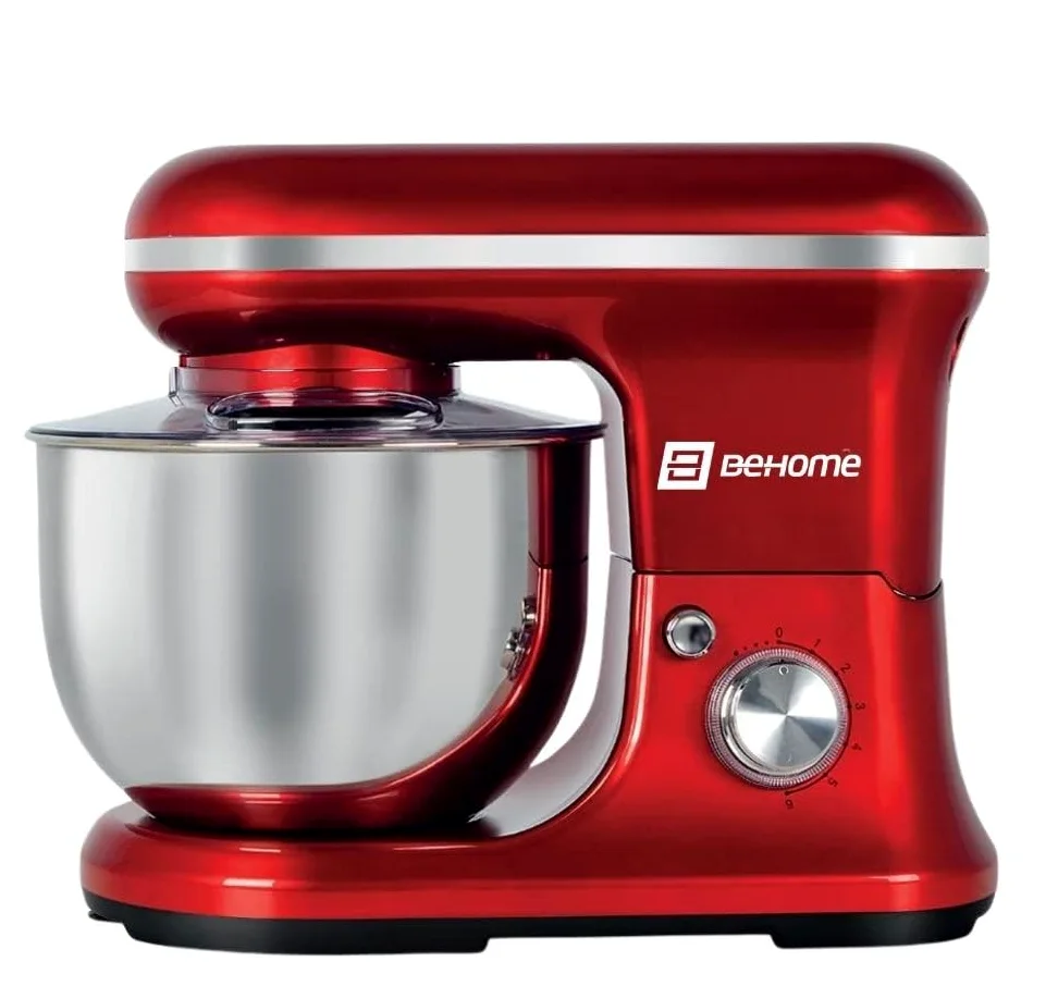 BEHOME Robot Patissier Professionnel 1200W avec Bol d'Acier Inoxydable 5L, 6+P Vitesses, 2 Fouets et 1 Crochet Pétrisseur (Rouge)