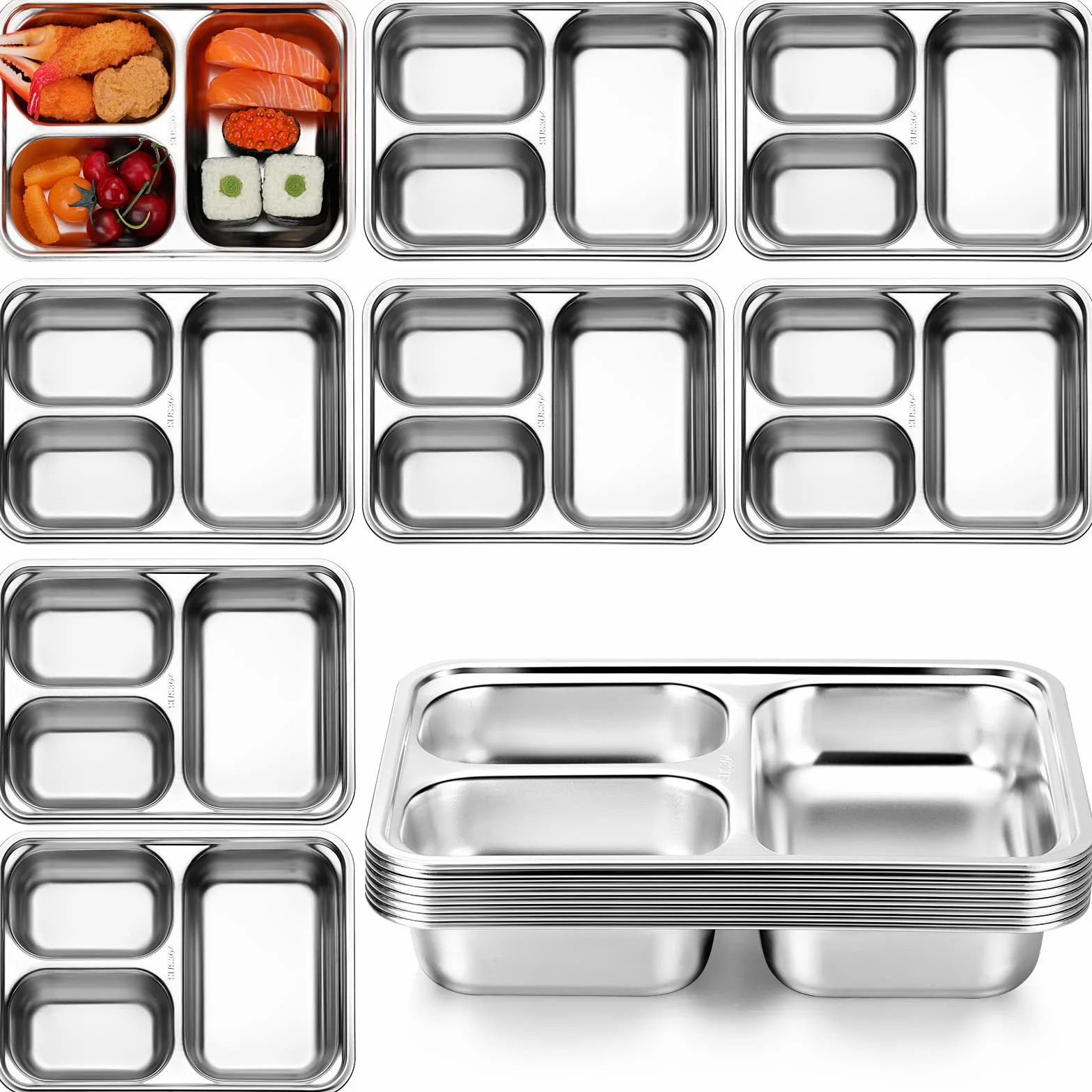 Zopeal Lot de 8 assiettes divisées rectangulaires en acier inoxydable 304 pour adultes et enfants (style 3 compartiments)