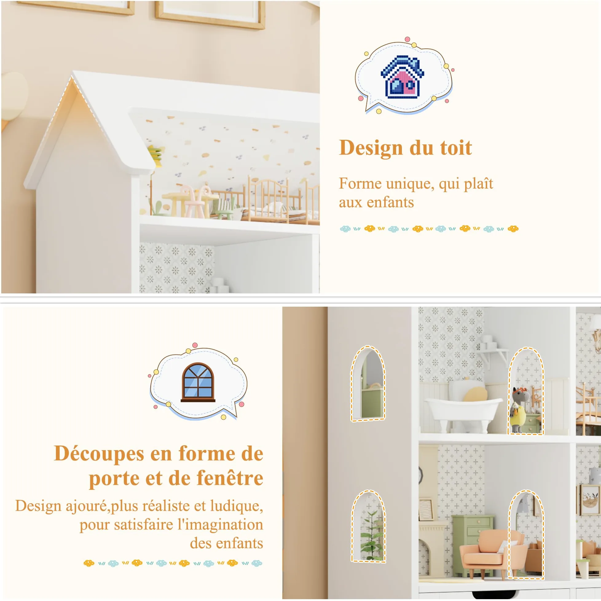 FOREHILL Meuble Rangement Enfant, Maison de Poupée, Bibliothèque Enfant avec 7 Étagères 3 Tiroirs Roulants, Rangement Jouet Chambre Enfant, 120x30x117.5cm, Blanc