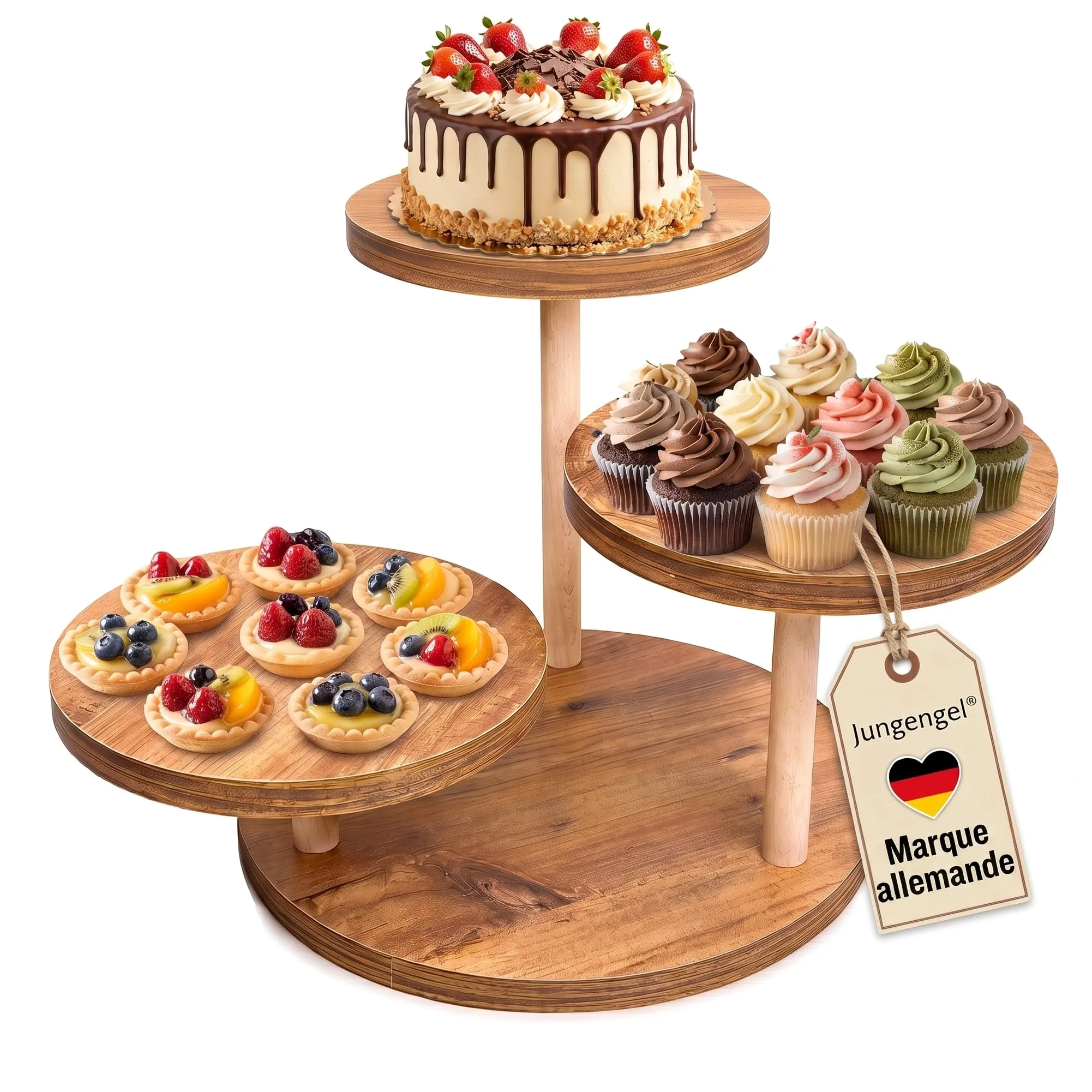 Présentoir à Gâteau 3 Niveaux en Bois Ø 22 cm stable | Support cupcakes, fruits & buffet apéritif. Montage sans outils, 3 niveaux décalés - idéal aussi en cadeau.