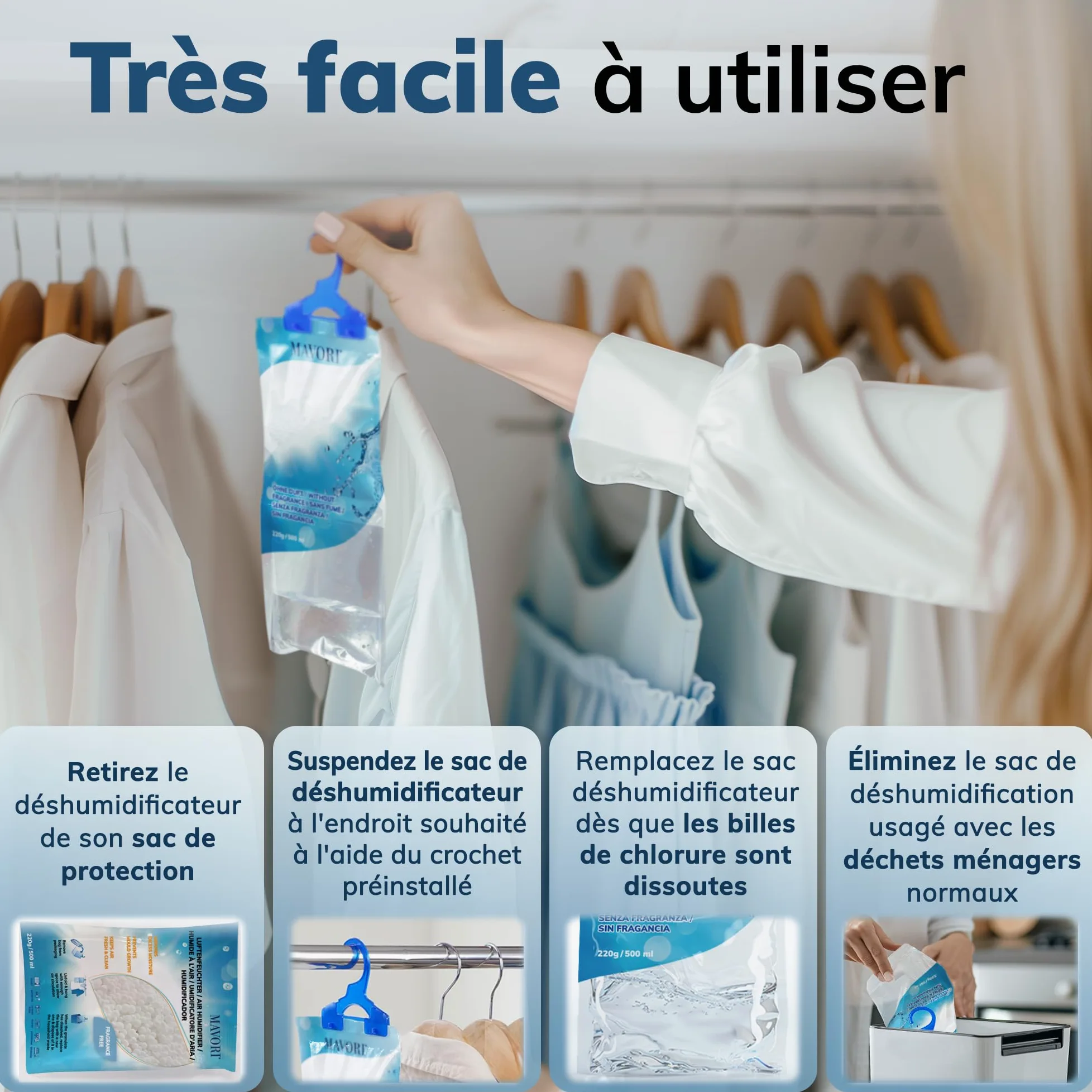 Lot de 10 déshumidificateurs XL à suspendre I sacs déshumidificateurs I déshumidificateur armoire et absorbeurs d'humidité pour pièces contre l'humidité, les moisissures et les odeurs
