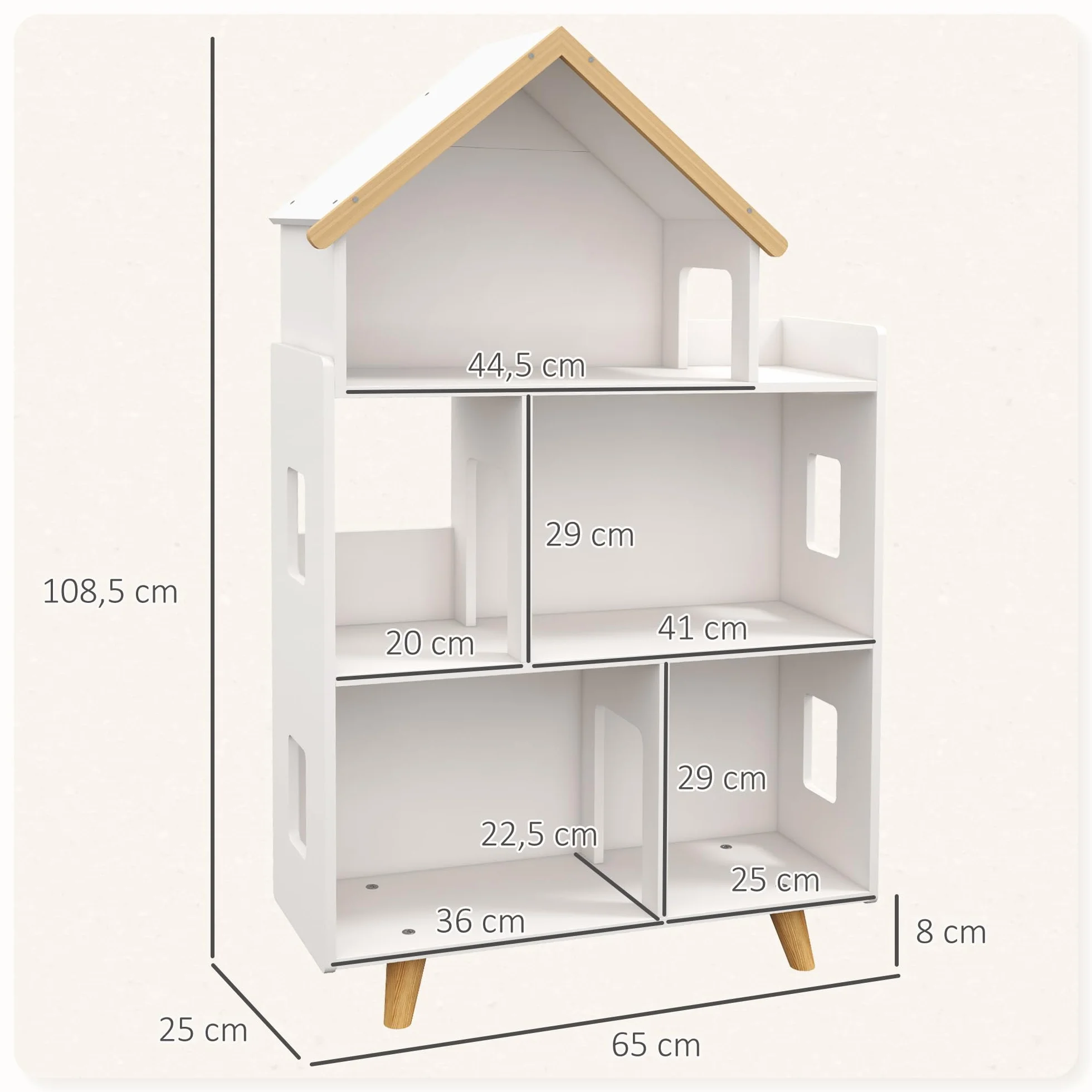 ZONEKIZ Étagère de Rangement pour Jouet Enfant et Livres Meuble de Rangement Forme de Maison - 3 Niveaux avec étagères - Bois Massif - 65 x 25 x 108,5 cm - Blanc et Naturel