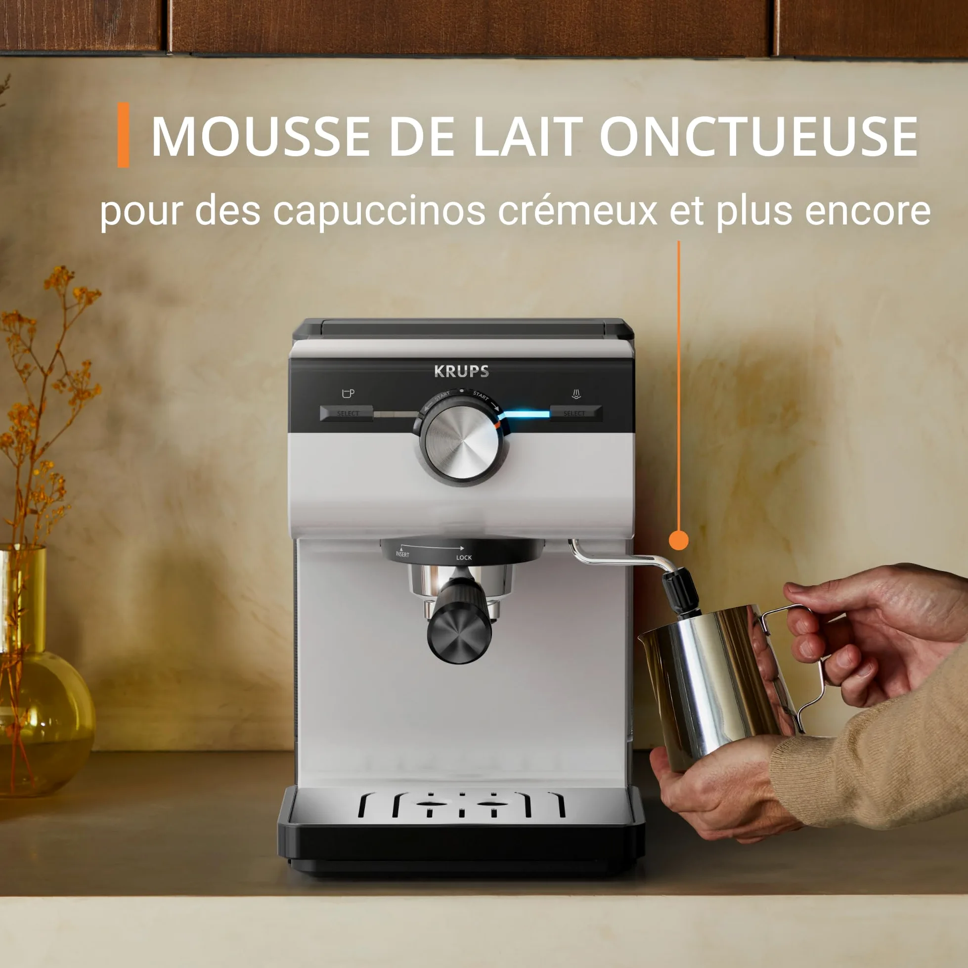 KRUPS Machine espresso manuelle, Qualité Barista, Espresso et Cappuccinos, Buse vapeur, Rangement des filtres inclus, Gris clair, Authentic, XP381B10