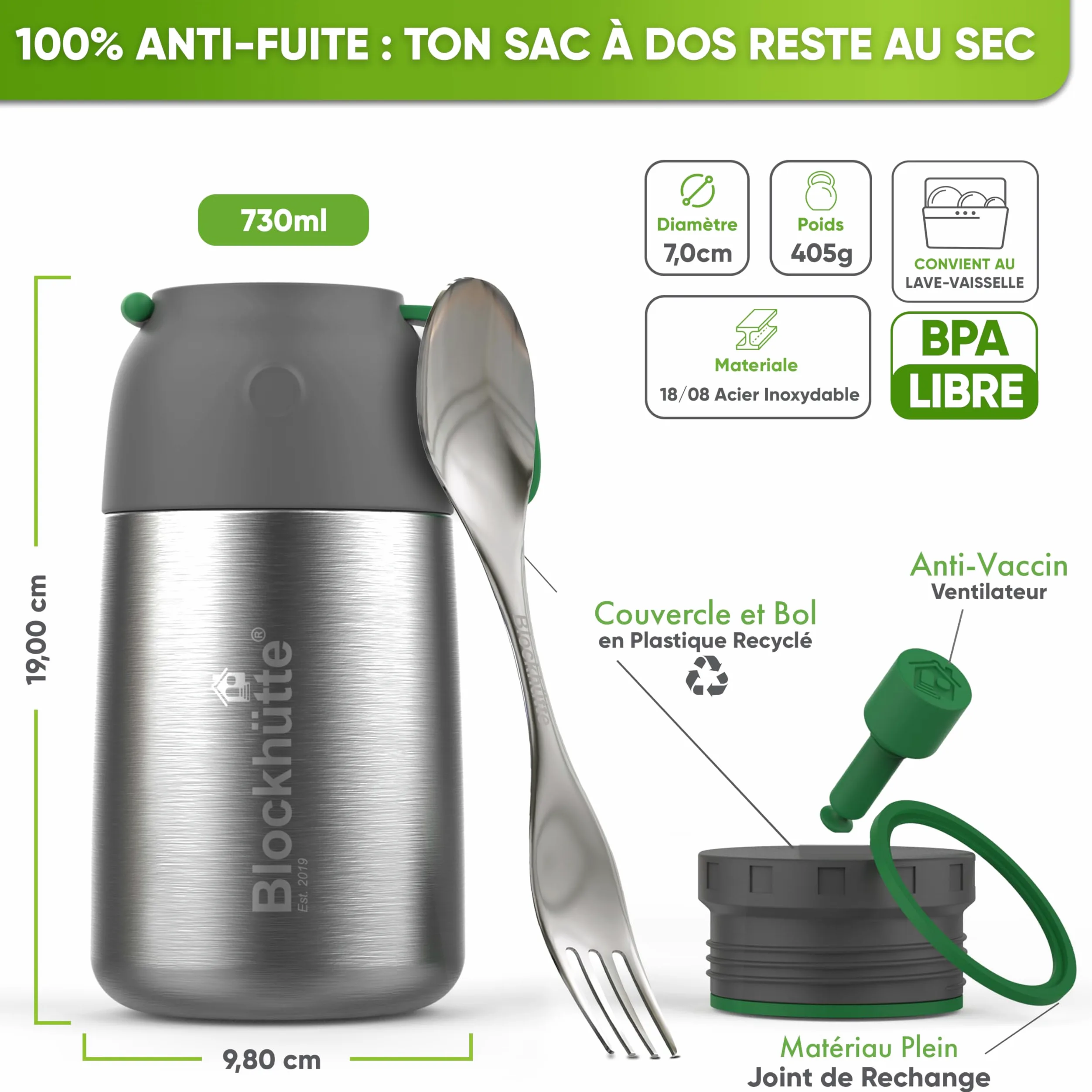 Blockhütte Thermos isotherme 730ml En inox Avec Cuillère et Fourchette - Thermos Alimentaire Chaud idéal Pour Le Travail - Boite Alimentaire isotherme Avec Sac de Transport - Lave-Vaisselle