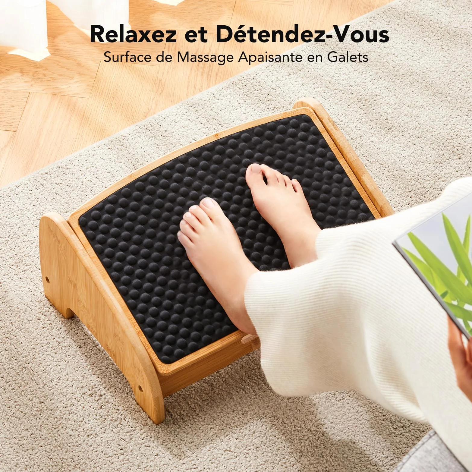HUANUO Repose pieds bureau en bois bambou, repose pieds ergonomique avec 4 hauteurs & angles ajustables,surface massage en galets, repose pieds bureau antidérapant, meilleure posture maison & bureau