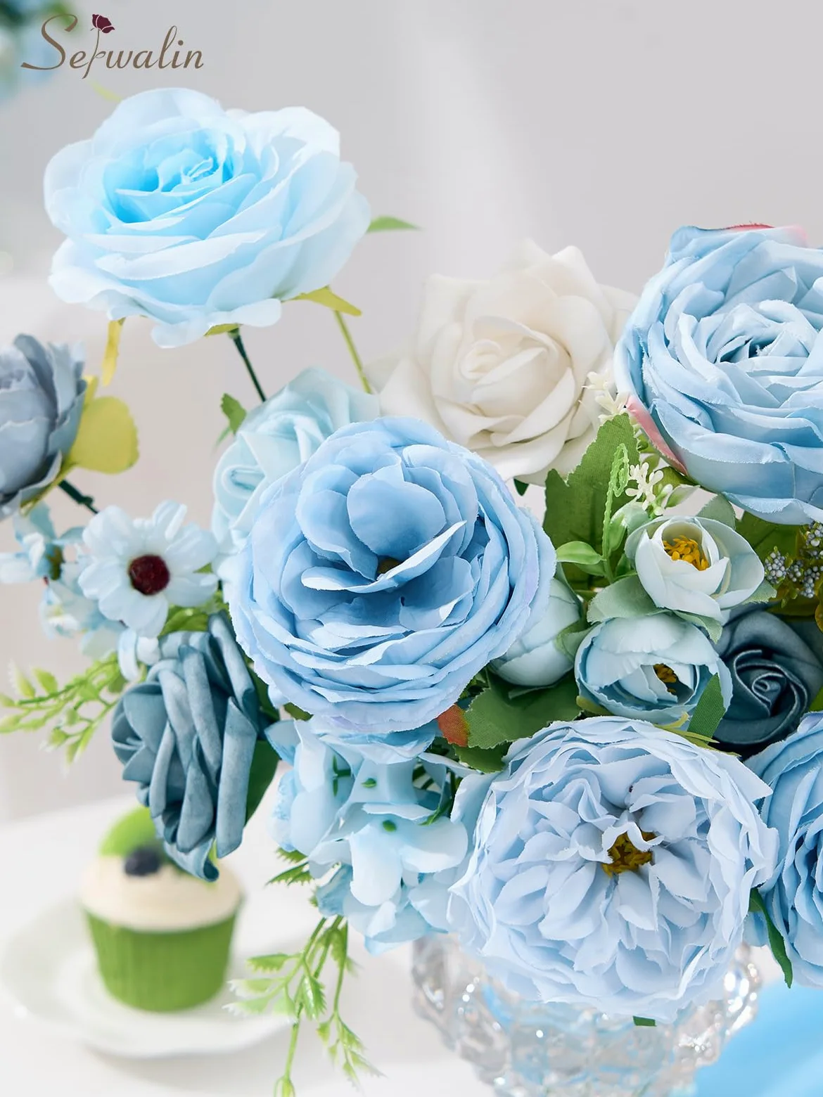 Serwalin Fleurs artificielles bleues en soie
