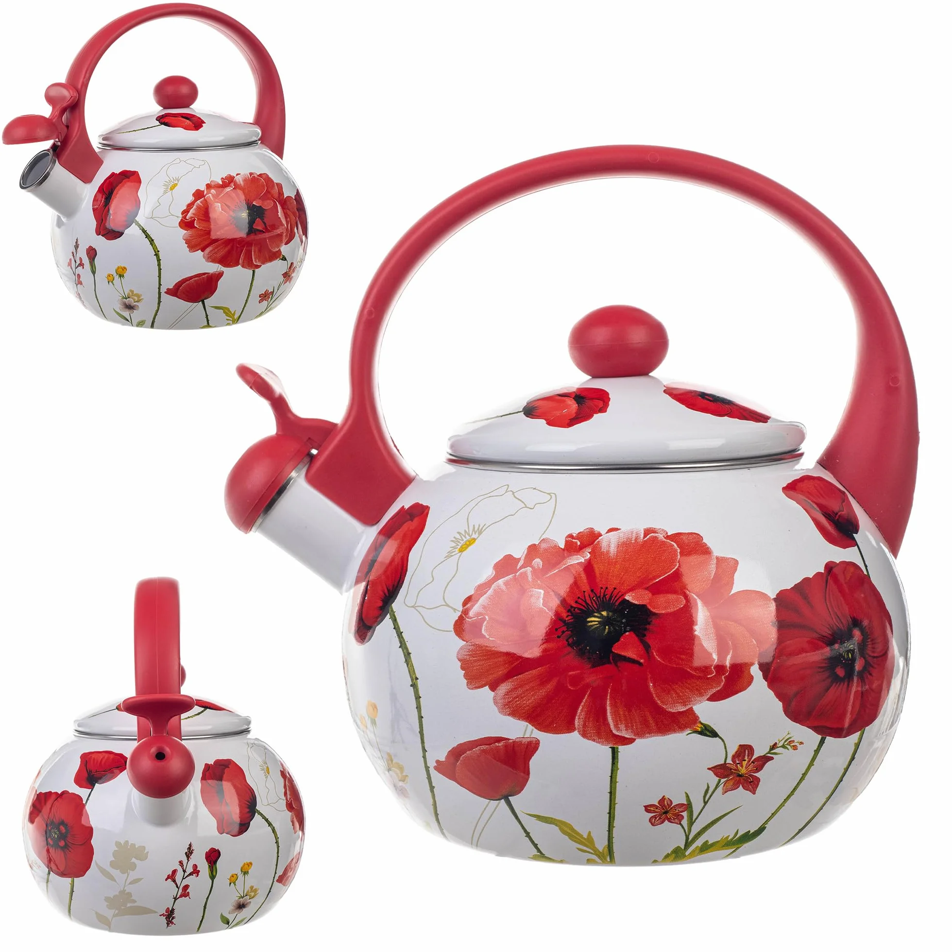 KADAX Bouilloire Sifflante en Acier 2.2L, Théière Émaillée pour Cuisinières à Induction et à Gaz, Dotée d'une Poignée Ergonomique et d'un Sifflet Intégré (Fleurs rouges)