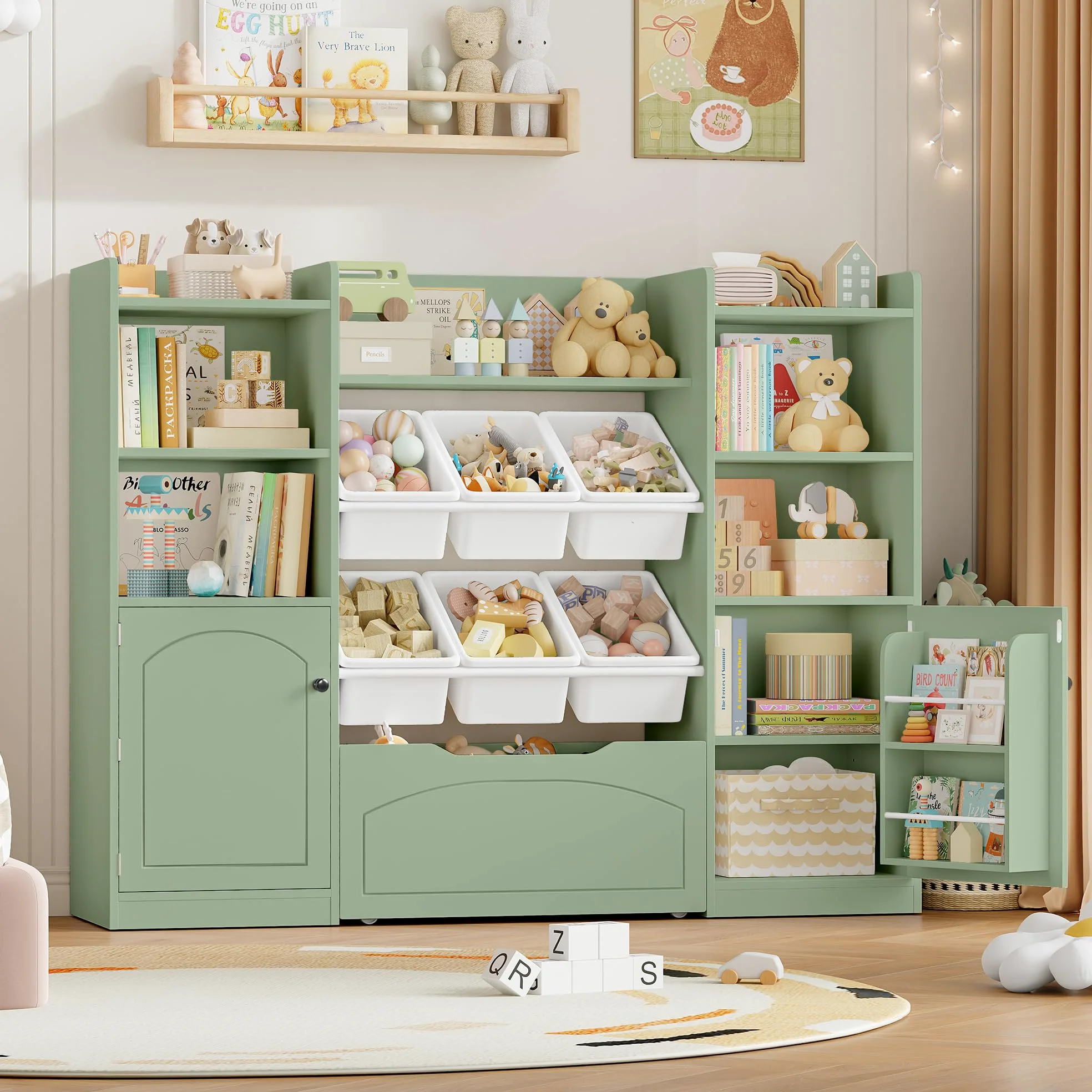 FOREHILL Meuble Rangement Enfant Bibliothèque Enfant avec 15 Étagères 6 Boîtes Amovibles 1 Tiroirs Roulants 2 Portes Rangement Jouet pour Chambre d'enfants Salle de Jeu 140x33x108.2cm Vert