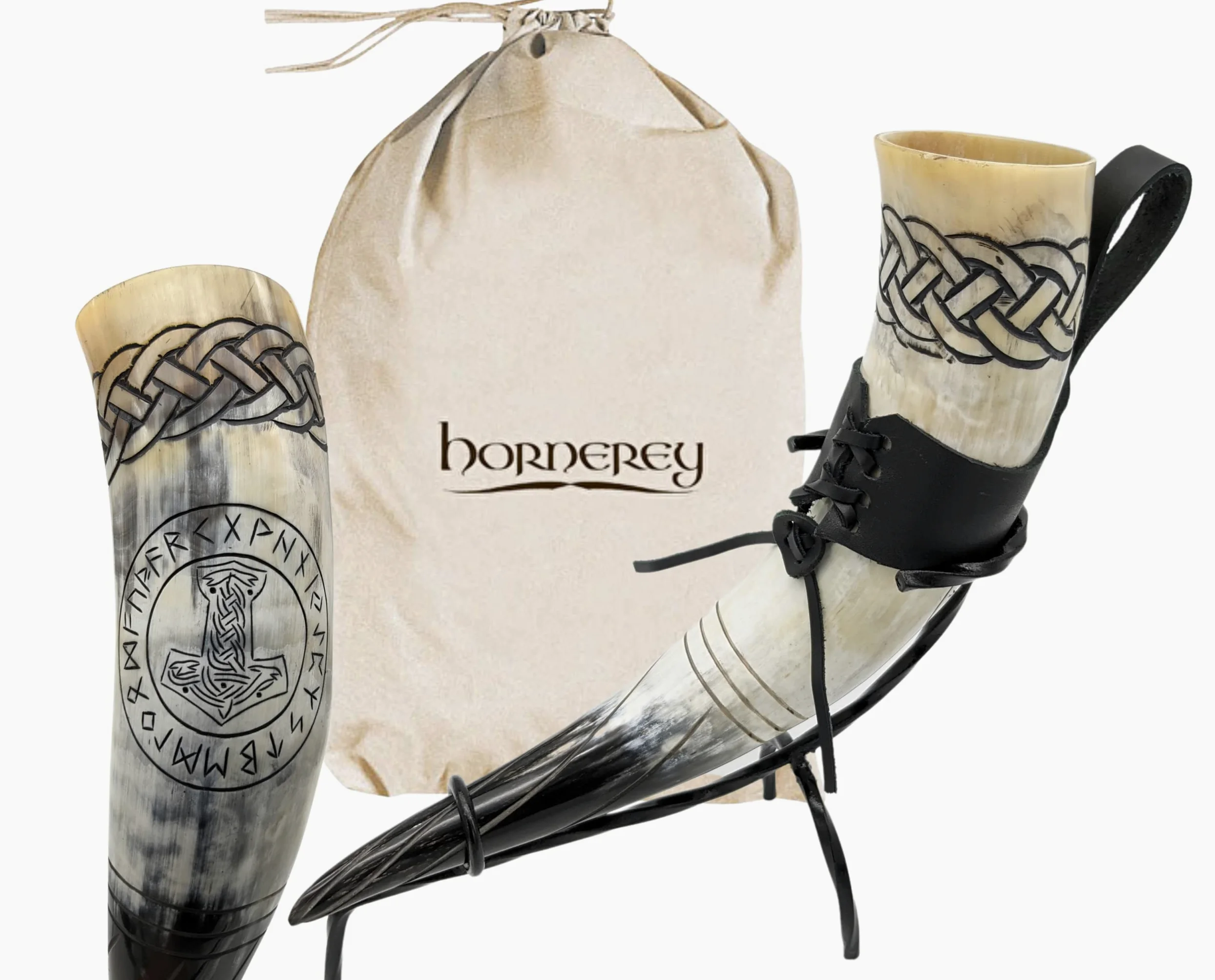 Corne à boire de Thor, 500 ml, Médiévale, Gravures nordiques, Mjölnir et nœuds nordiques, Kit Viking avec support et porte-ceinture en cuir