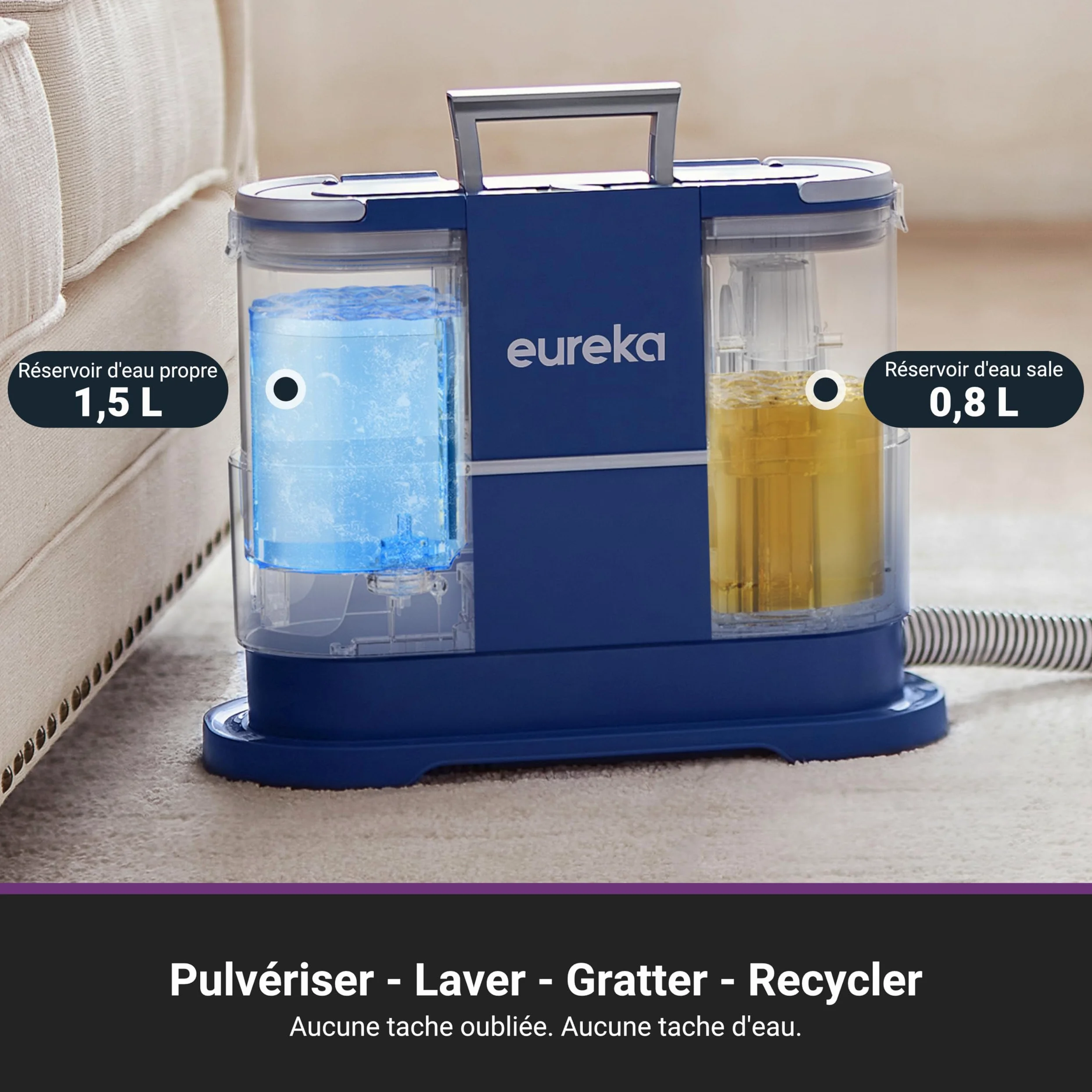 Eureka NEY100 Gen2, Aspirateur Nettoyeur de Tapis 12500 Pa, convient aux tapis, canapés et voitures et est livré avec un réservoir d'eau de 1,5 litre et 450 ml de produit de nettoyage spécial.