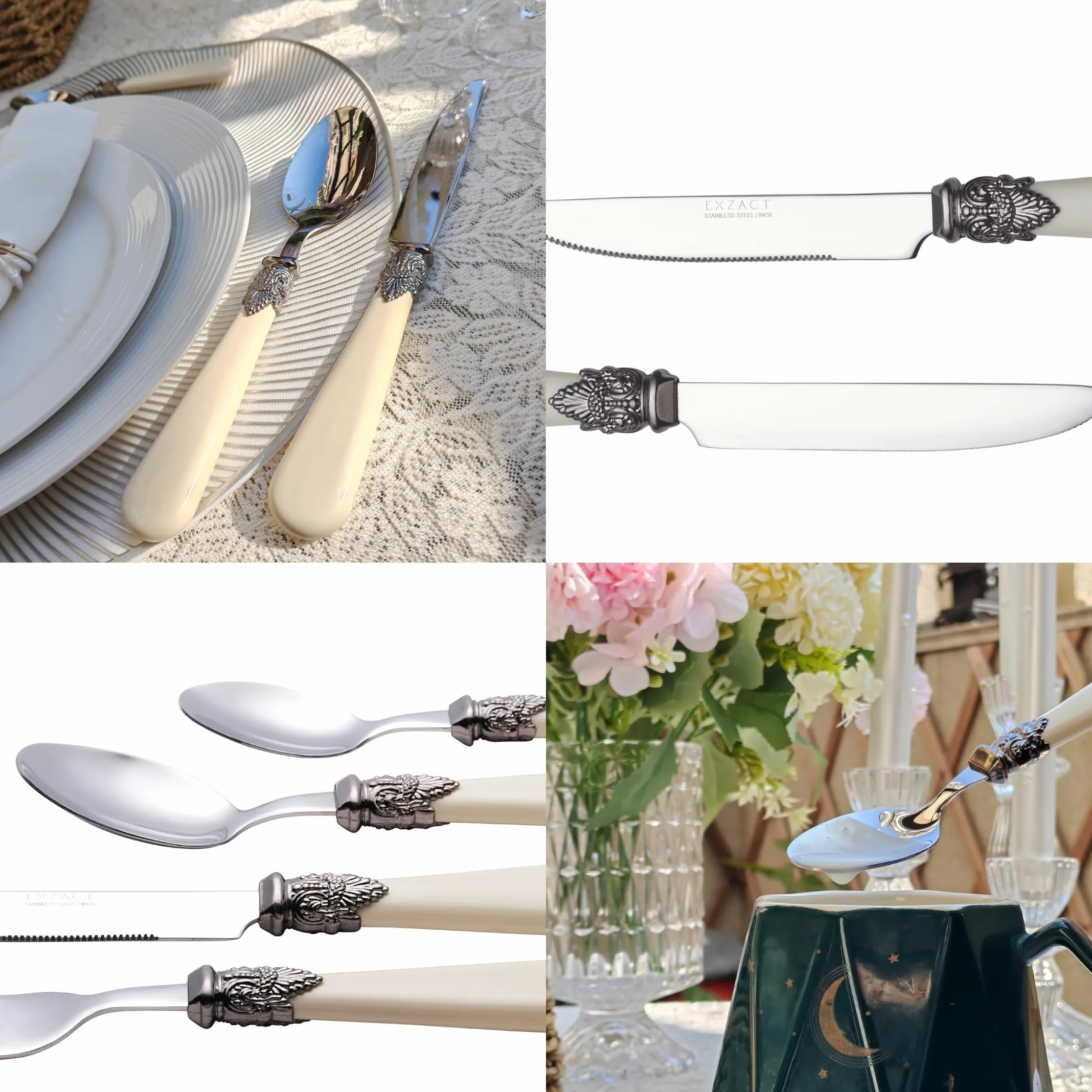 EXZACT Ensemble de couverts crème ivoire 24 PCS, acier inoxydable avec poignée détaillée, traditionnel, élégant, Vintage Style/Antique (WF28-24CRM)