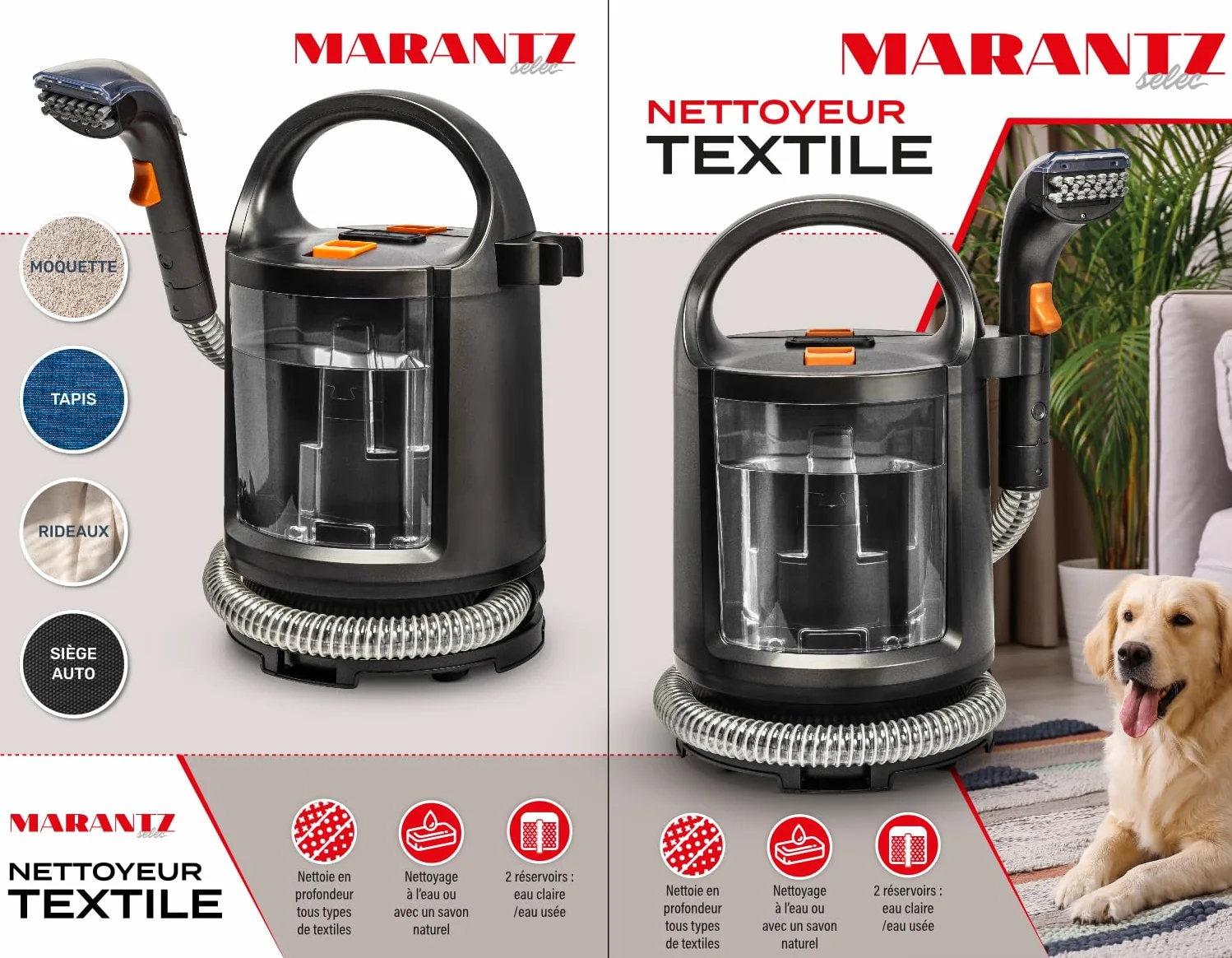 Shampouineuse 400W avec pulvérisateur - Nettoyeur textile à main avec réservoir, injecteur extracteur, détacheur laveur, aspire et nettoie canapés, tissus, moquettes, sièges auto, tapis, câble 5m