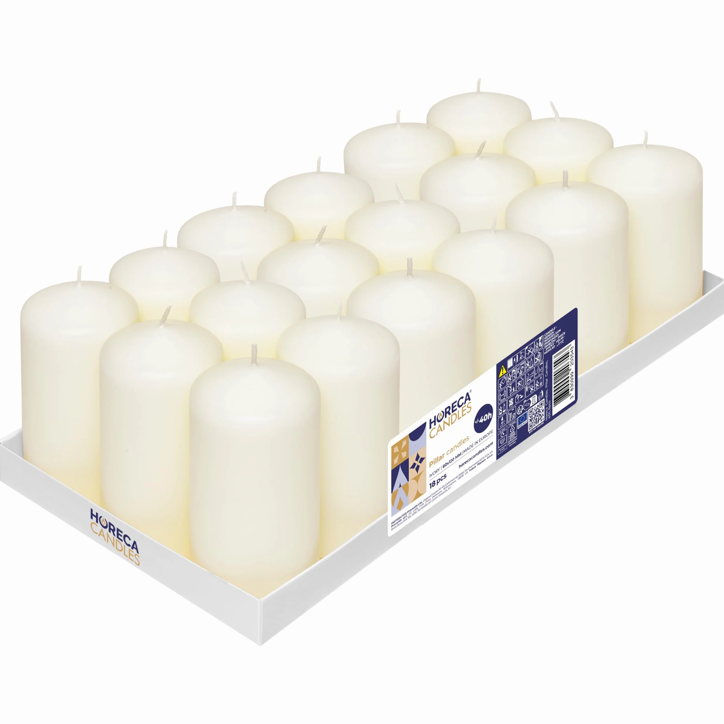 Horeca Candles - Bougies Piliers - Ivoire - Ø 6 x 12 cm - Lot de 18 Bougies Décoratives pour la Maison - Longue Durée 40 Heures - Cire Non Parfumées - Sans goutte - Sans fumée - Qualité RAL