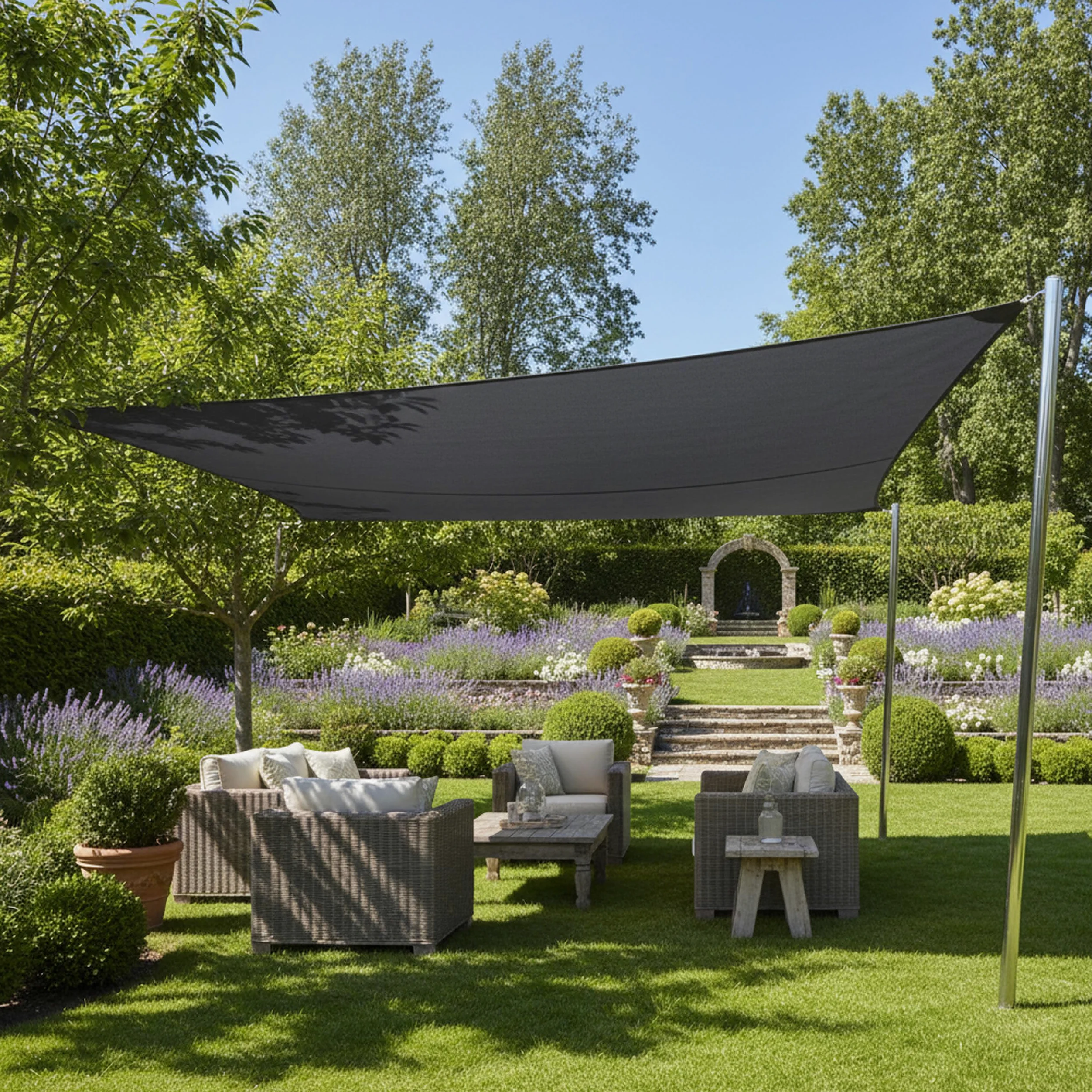 Tente d'ombrage Relaxdays, 5 x 5 m, Polyester, déperlant, œillets & Cordes de Tension, Toile carrée, Gris foncé