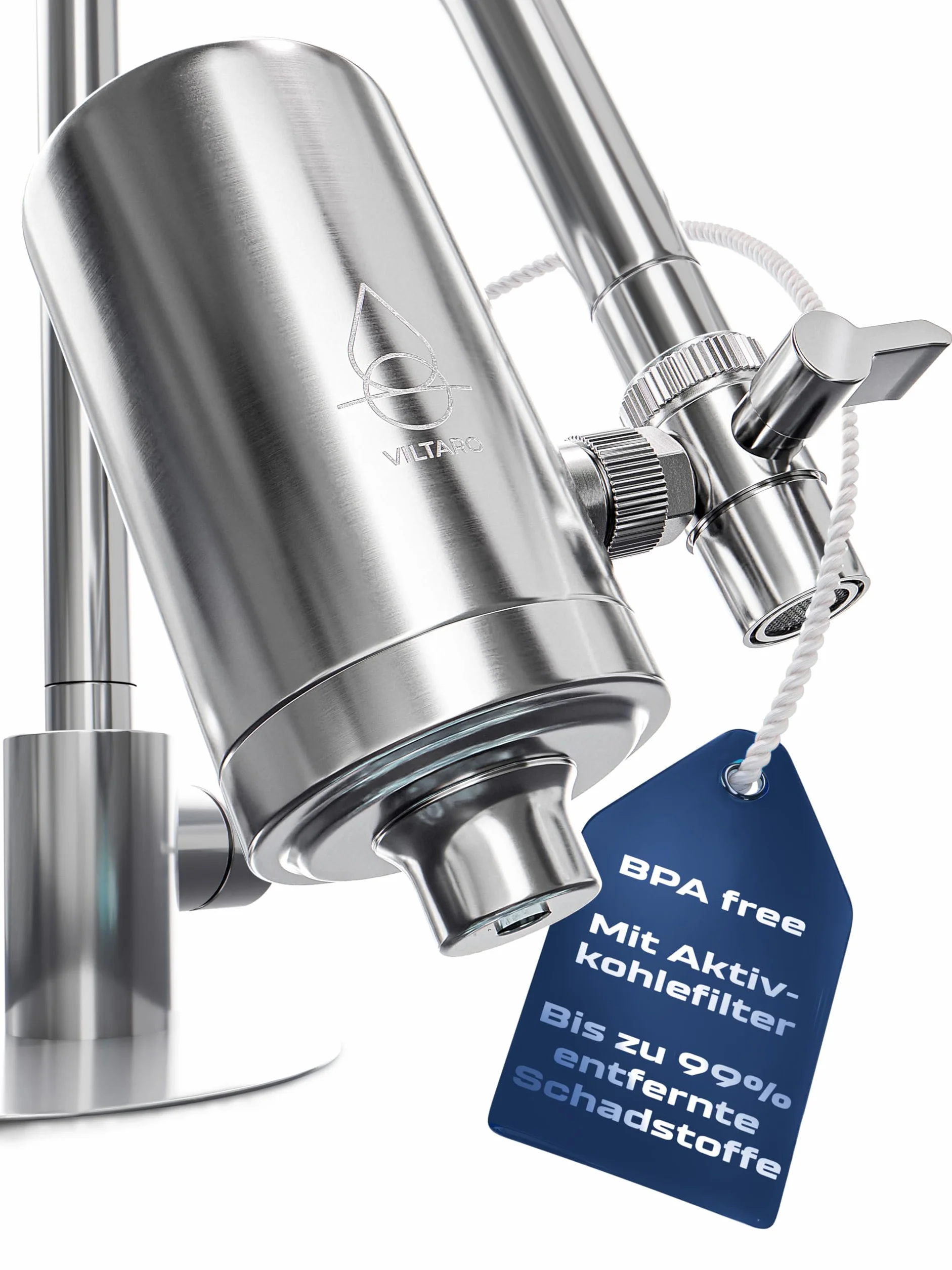 VILTARO® Robinet filtrant à eau - Filtre à charbon actif - Sans BPA, acier inoxydable, montage facile, élimine les polluants