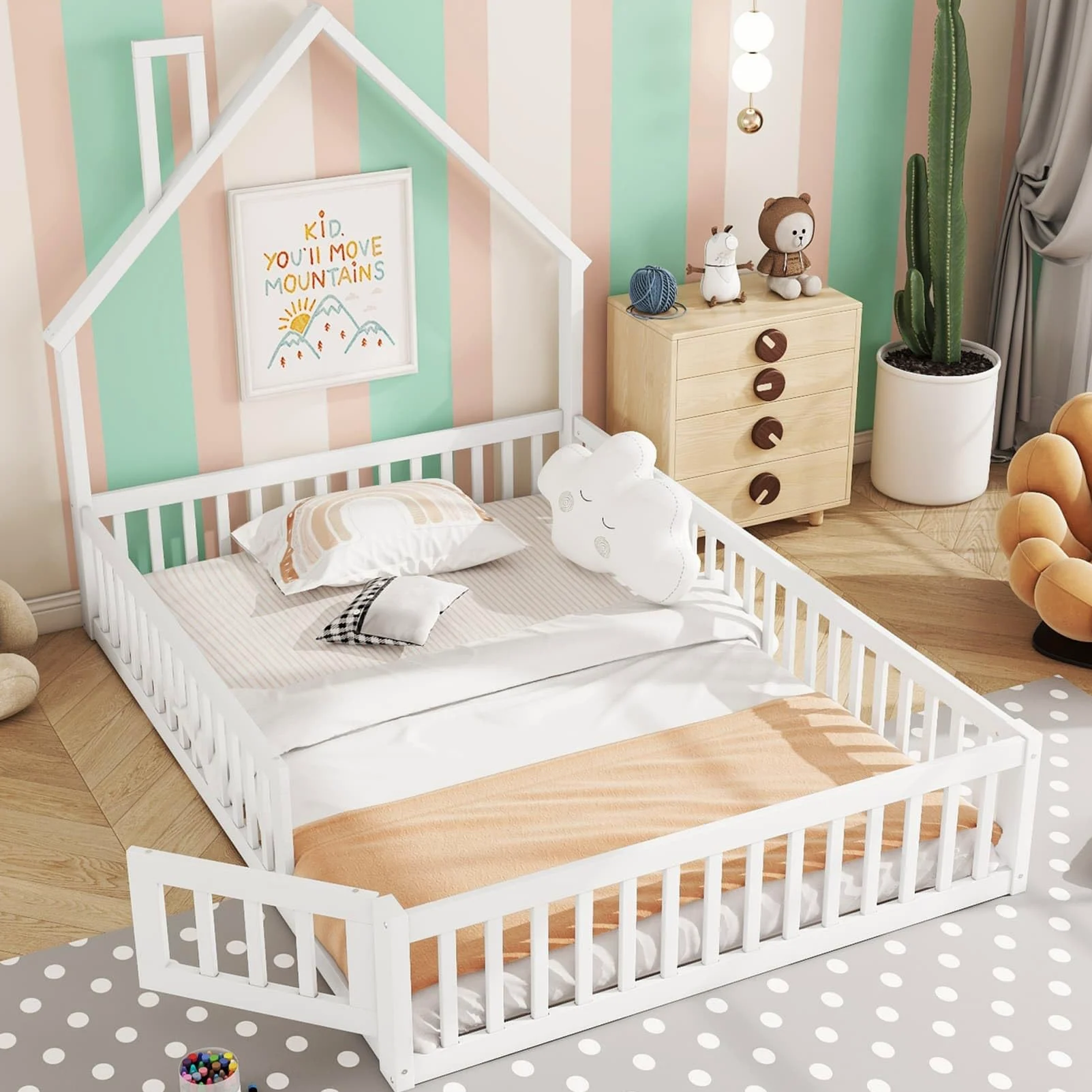 Lit Au Sol Enfant,Lit Cabane Enfant 140x200 avec Sommier à Lattes Solide,Porte,Barrière de lit,pour Enfants,Pin (Blanc, 140x200)