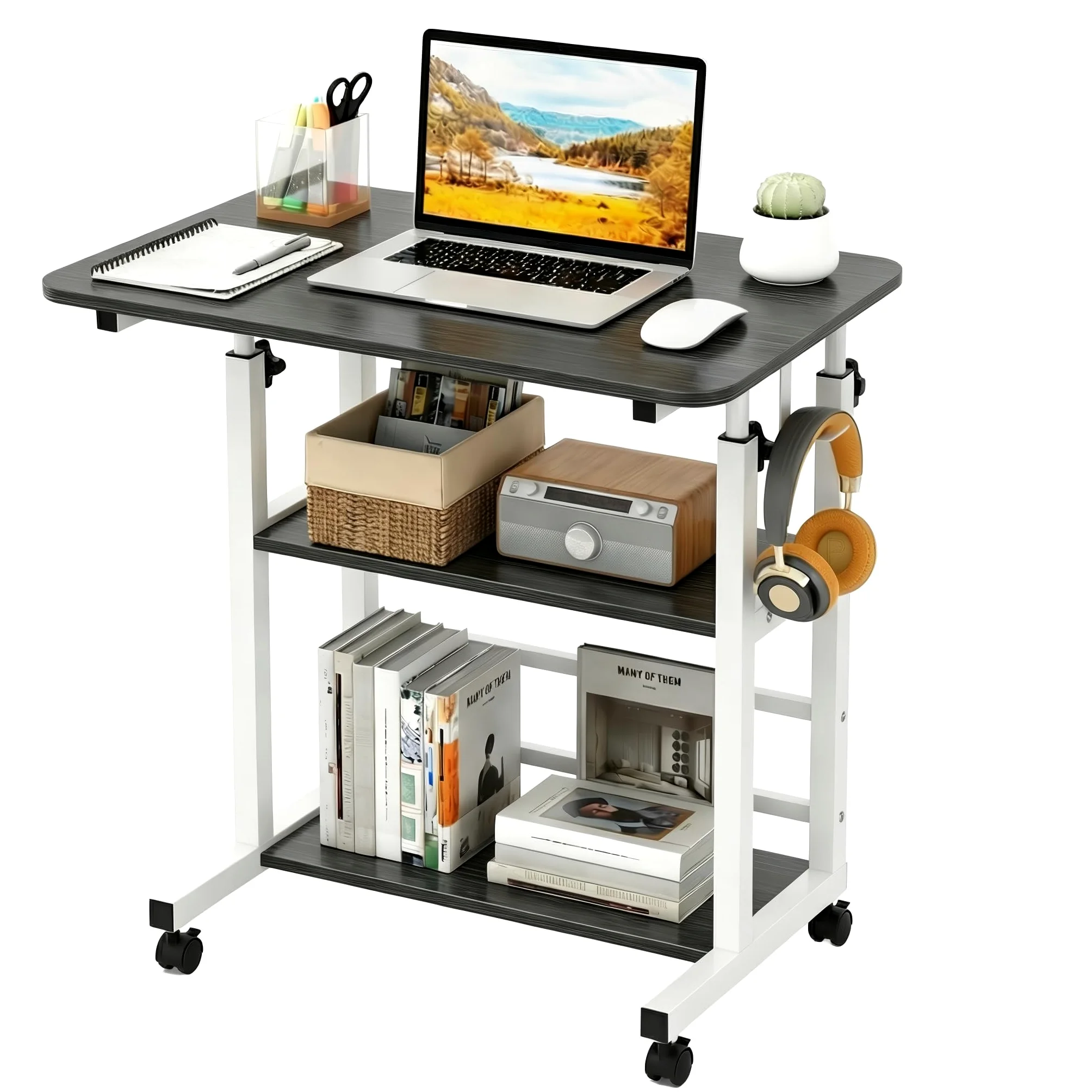 Huracan Bureau Informatique Mobile Réglable en Hauteur 56–82 cm, Table d’Ordinateur 80 x 40 cm avec 3 Niveaux de Rangement, 4 roulettes Verrouillables, Table d’Appoint pour Lit, Canapé – Noir Brossé