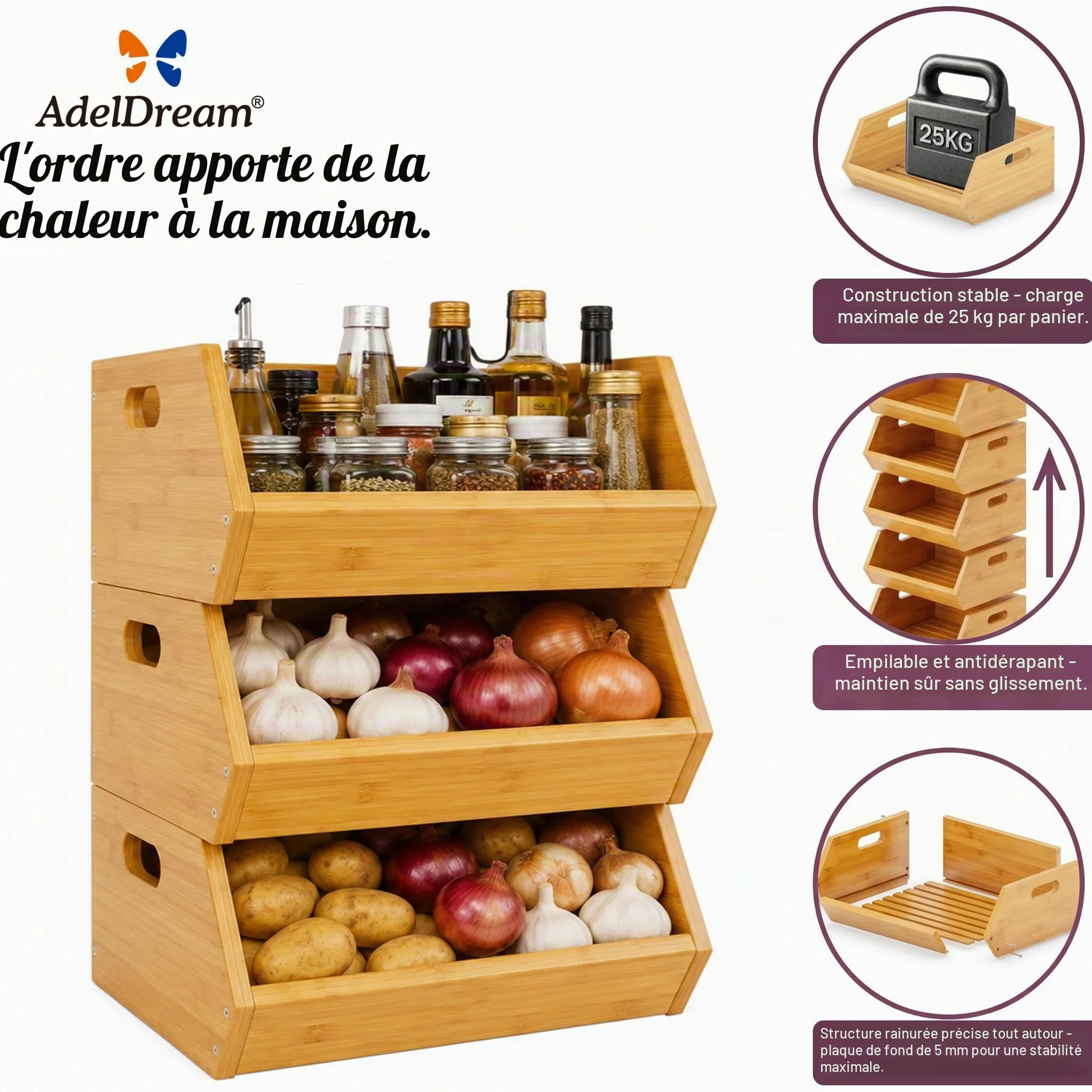 ADEL DREAM Panier à Fruits en Bambou à 3 Niveaux, Paniers Amovibles | 3 paniers séparés ou empilés, parfaits pour fruits, légumes, pain, snacks et objets du quotidien