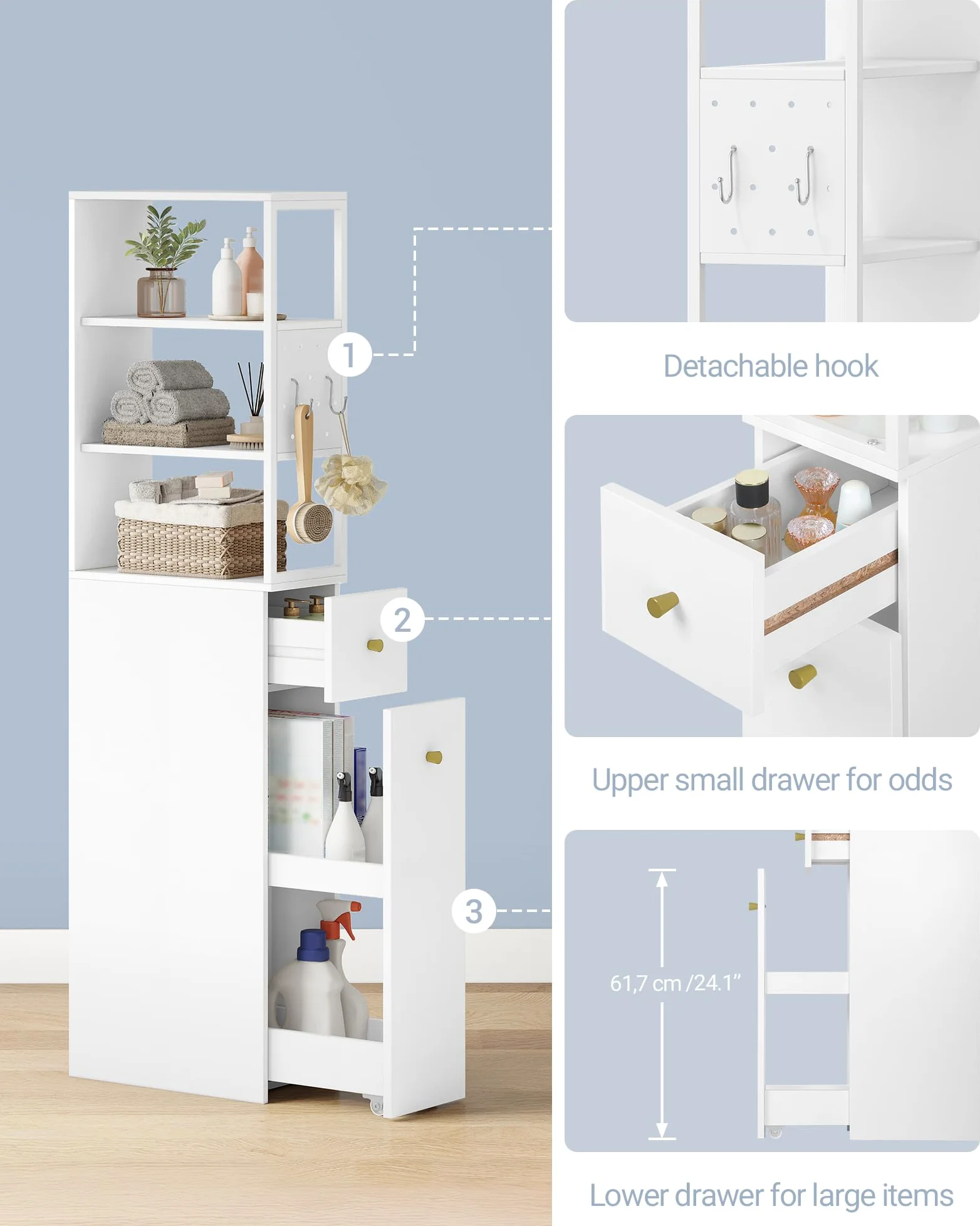 Hzuaneri Meuble de Salle de Bain Haut, Armoire de Rangement Fin, avec 2 Compartiments Ouverts, 2 Tiroirs et roulettes, Meuble de Cuisine, pour Petits Espaces, 40 x 20 x 140 cm Blanc BC32003W