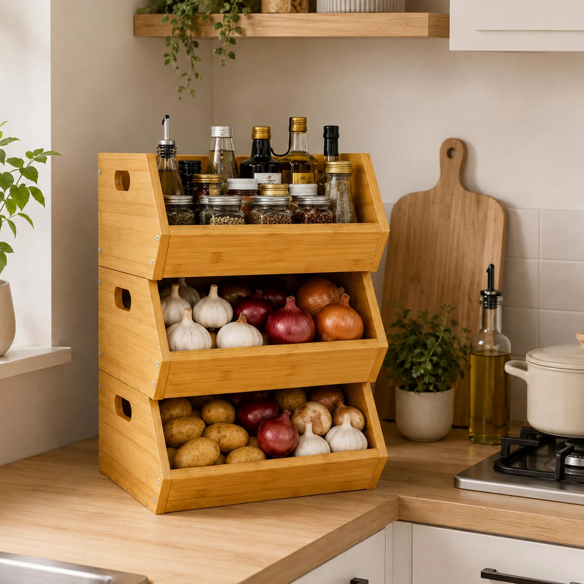 ADEL DREAM Panier à Fruits en Bambou à 3 Niveaux, Paniers Amovibles | 3 paniers séparés ou empilés, parfaits pour fruits, légumes, pain, snacks et objets du quotidien