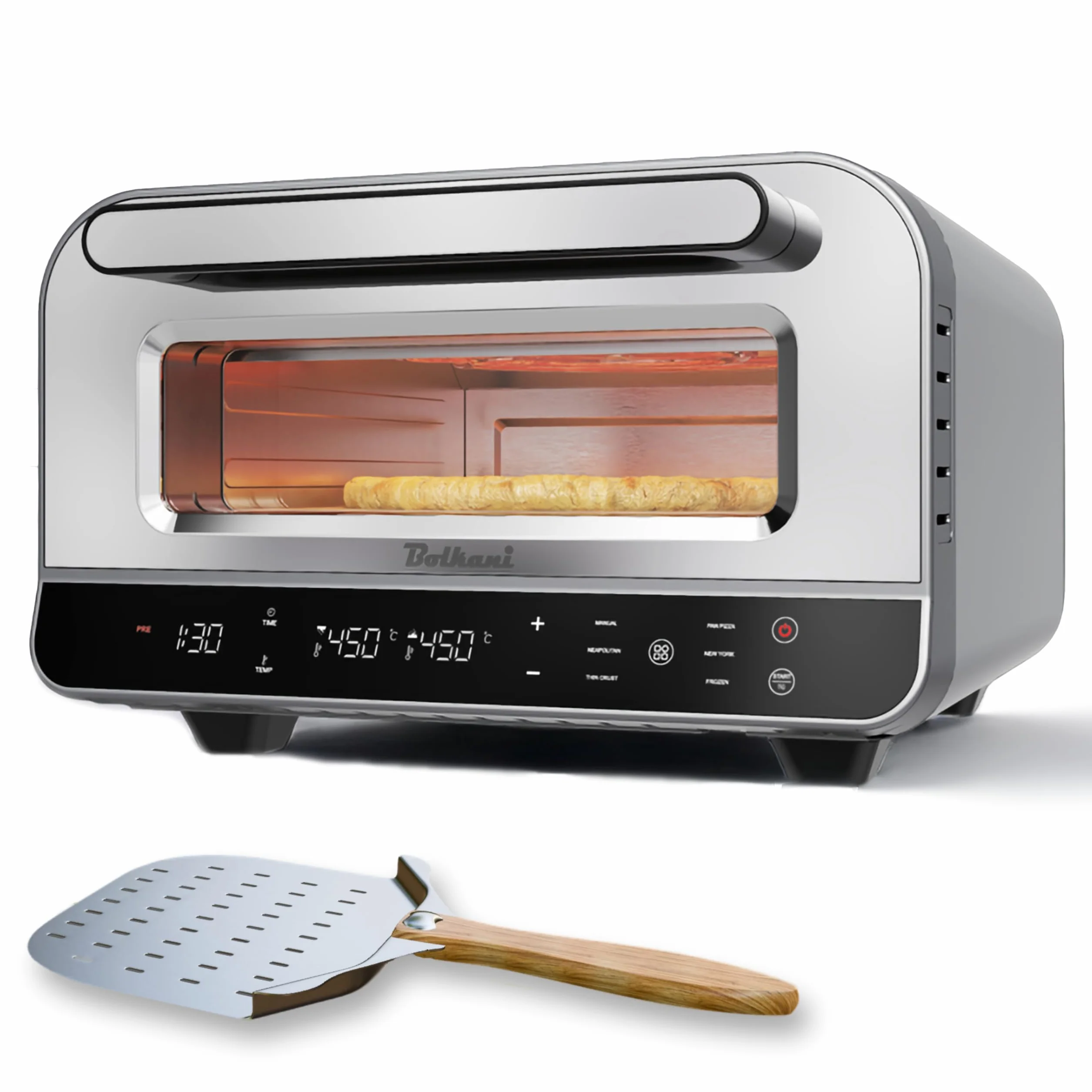 Four à pizza électrique avec pierre à pizza et pelle à pizza – 450 °C pour pizza croustillante au four en pierre en 2 minutes – 1700 W, minuterie, éclairage intérieur et fenêtre de