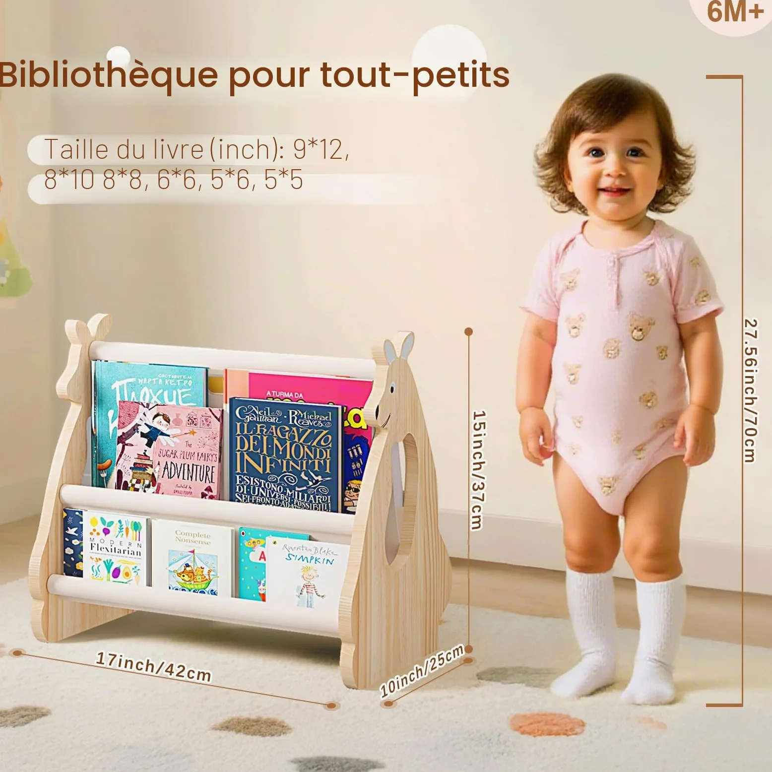 EURYUNG Bibliothèque Enfant Bois – Bibliothèque Montessori Bebe pour Chambre d’Enfant, Design Kangourou, Rangement Livres Enfants, Meuble Chambre Enfant, Bibliothèque Portable, Etagere Livre Enfant