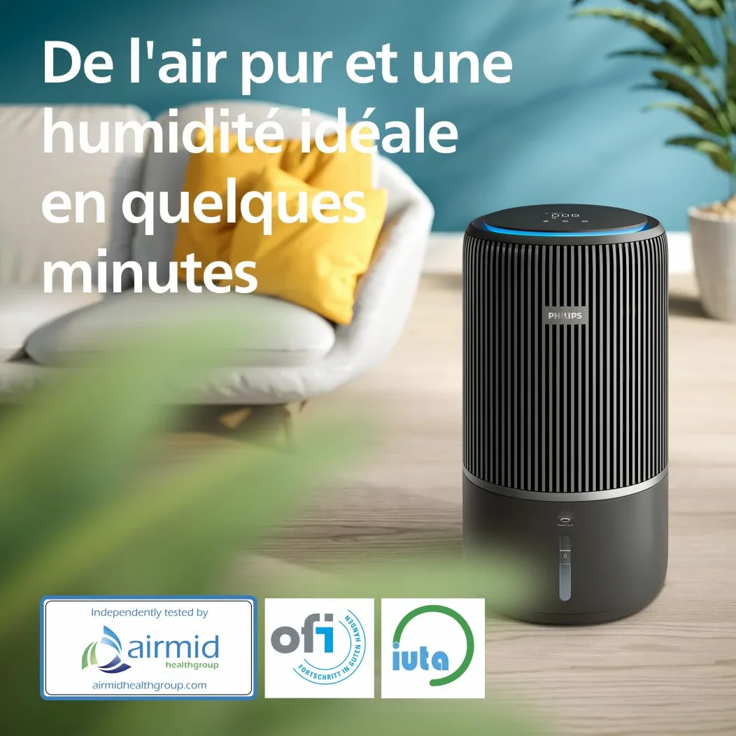 Philips Série 3400 Purificateur d'Air et Humidificateur 2 en 1, Filtre HEPA NanoProtect + Filtre à Charbon Actif, Humidification Hygiénique, CADR 300 m³/h, Taux d'Humidification 650 ml/h (AC3421/13)