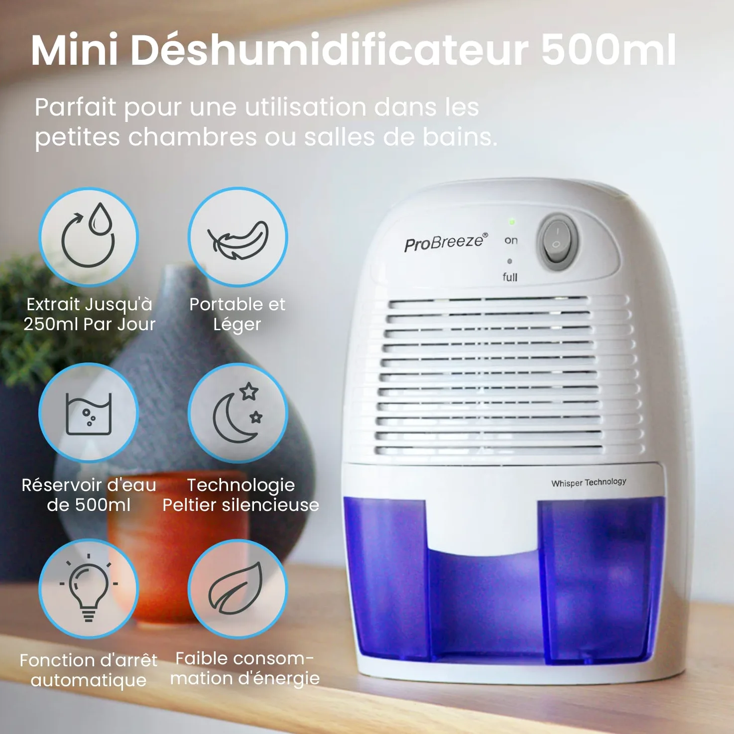 Pro Breeze Mini Déshumidificateur d'Air Compact 500 ml - Absorbeur d'Humidité et Moisissures - Cuisine, Chambre, Salle de Bain, Bureau