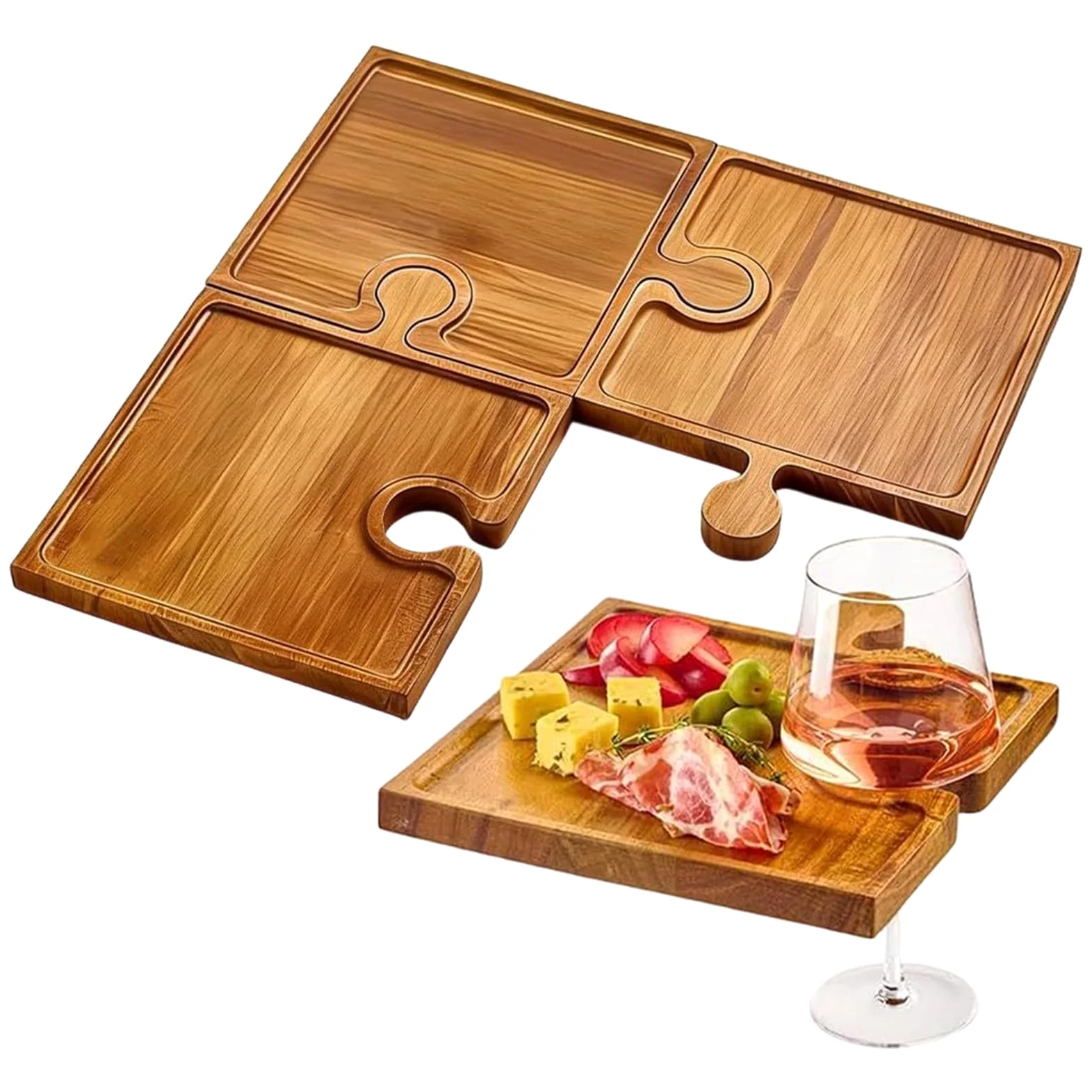 Planche à Fromage Plateau de Service en Bois Puzzle 4 Pièces | Set De Planches À Charcuterie Pour La Et La Maison Pour Mariage Vacances Camping Pique-nique Pendaison De Crémaillère