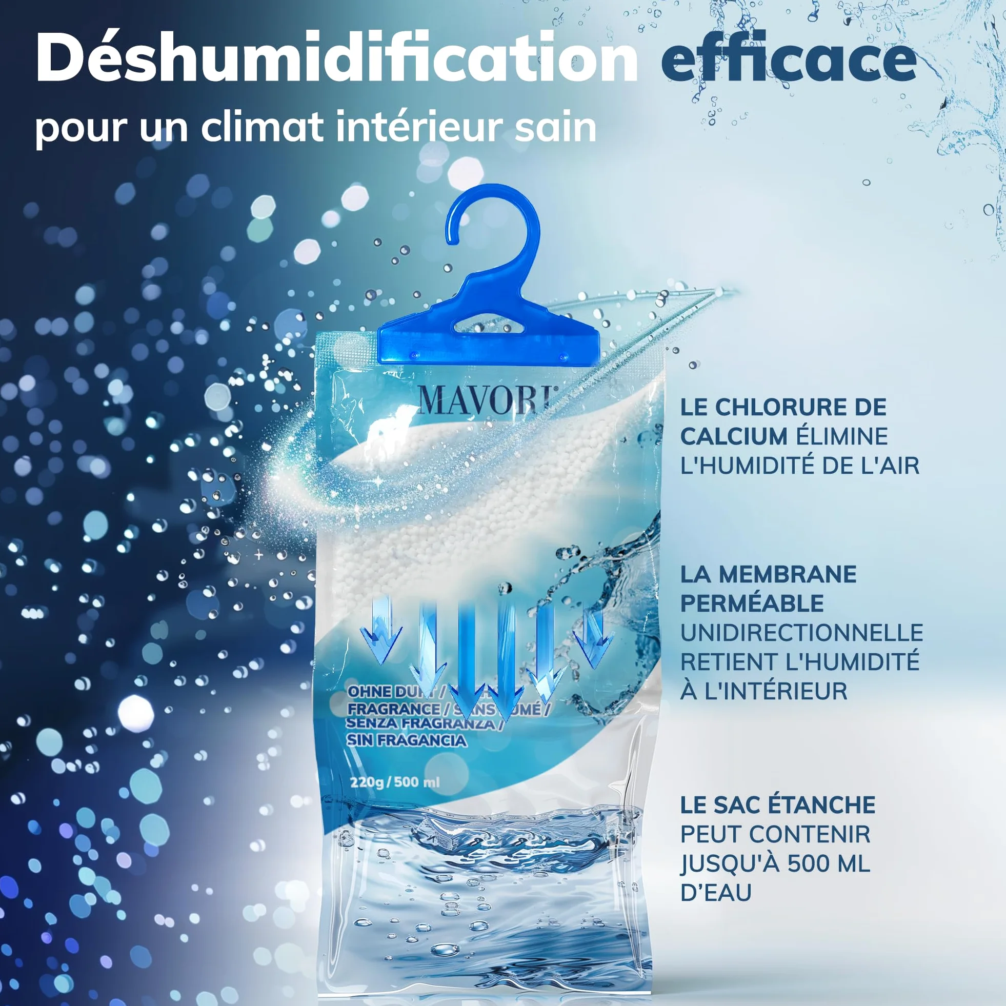 Lot de 10 déshumidificateurs XL à suspendre I sacs déshumidificateurs I déshumidificateur armoire et absorbeurs d'humidité pour pièces contre l'humidité, les moisissures et les odeurs