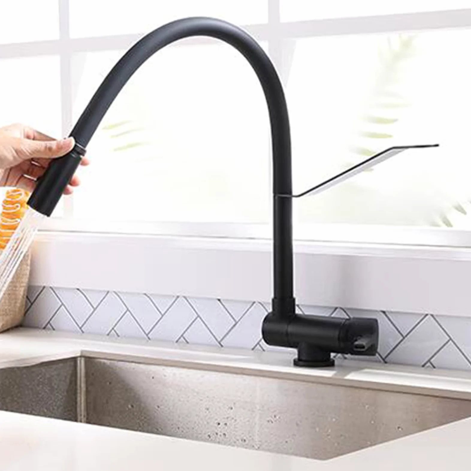 Mitigeur Cuisine Rabattable sous Fenetre, Robinetterie de Cuisine Pliable Pivotant Laiton Multifonction Robinet de Cuisine sous Fenetre-Noir