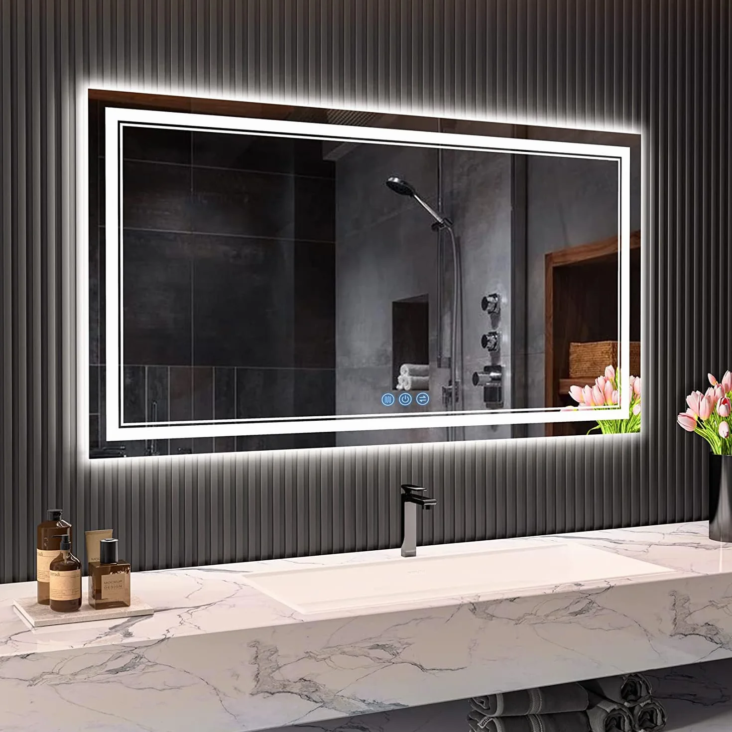 Miroir de Salle de Bain, avec éclairage, 120 x 70 cm, Miroir Mural et Interrupteur Tactile, IP65 LED, avec Fonction mémoire, 3 températures de Couleur, Horizontale/Verticale, Verre trempé HD