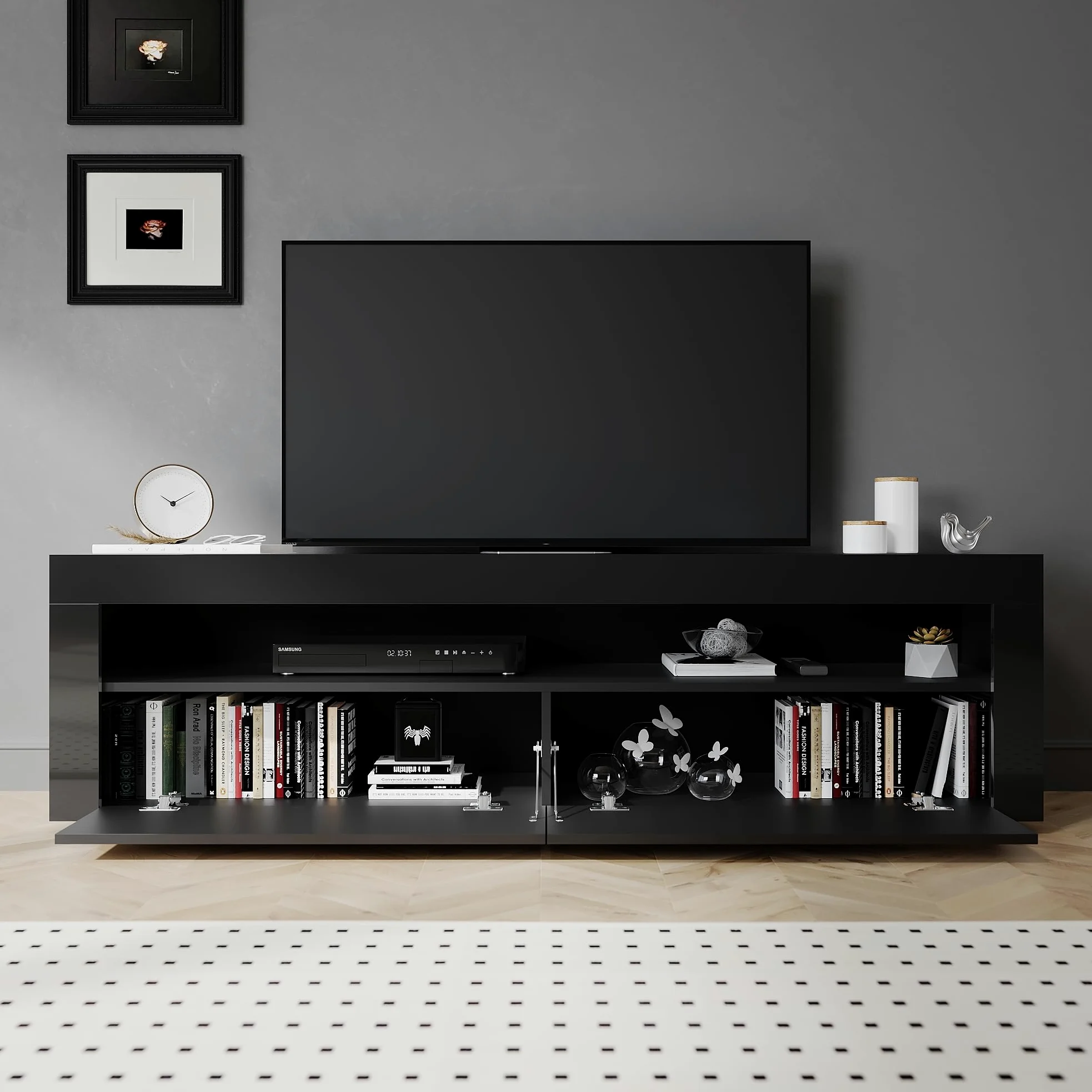 SIRHONA Meuble TV Noir, Meuble Tele avec LED, Éclairage LED RGB avec Couleur réglable, 2 Placards avec Portes, 160x40x45cm, Convient pour Salon ou Chambre