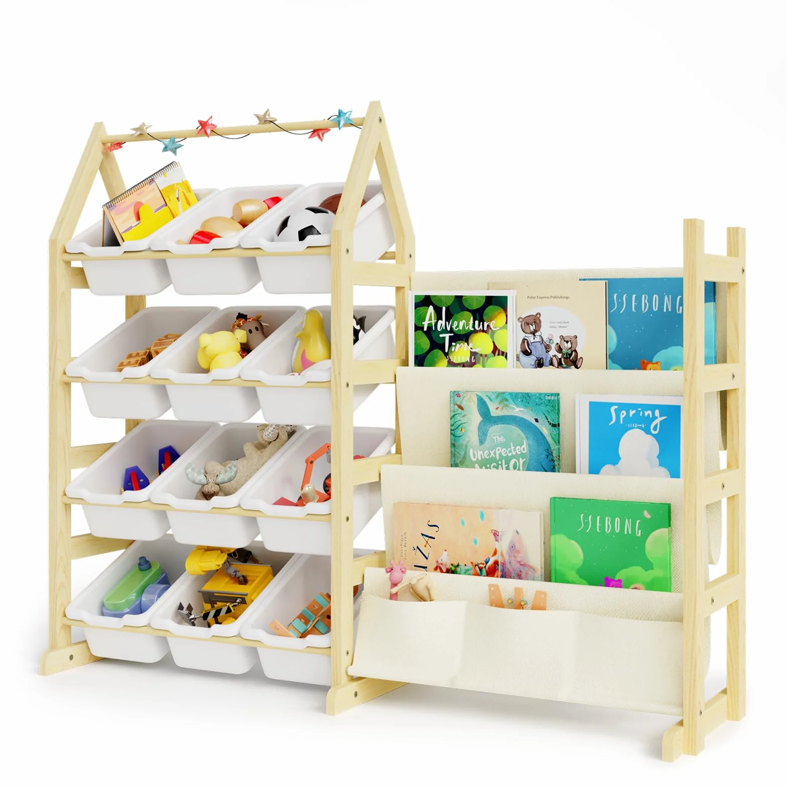Rangement Jouet Bibliotheque Enfant Bois, avec 12 Bac Meuble Rangement Enfant, Montessori Etagere Presentoir Livre, Coffre à Jouet Bibliothèque, pour Chambre d'enfant et Salle de Jeux, Naturel