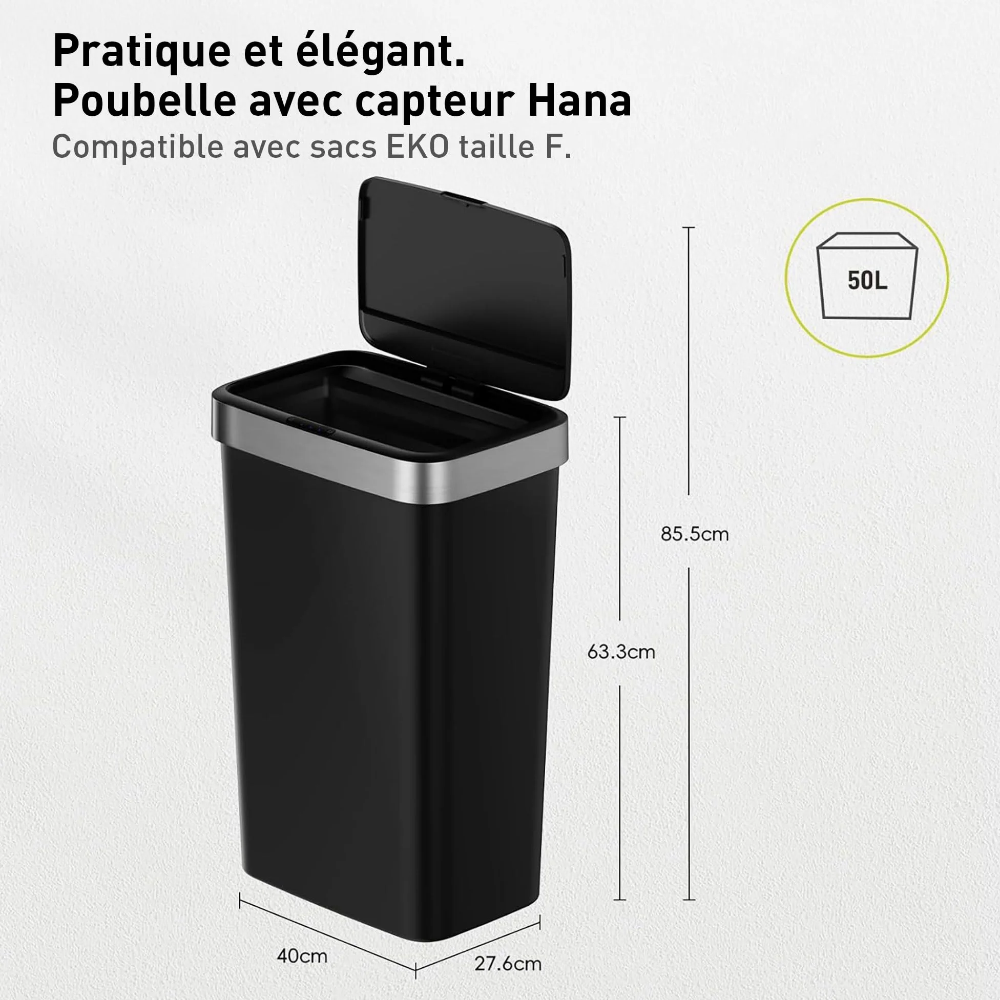 EKO | Poubelle de Cuisine 50 L avec capteur Automatique et Fermeture en Douceur | Poubelle Noire à Piles | Finition Anti-Traces de Doigts, Base antidérapante et Support de Sac