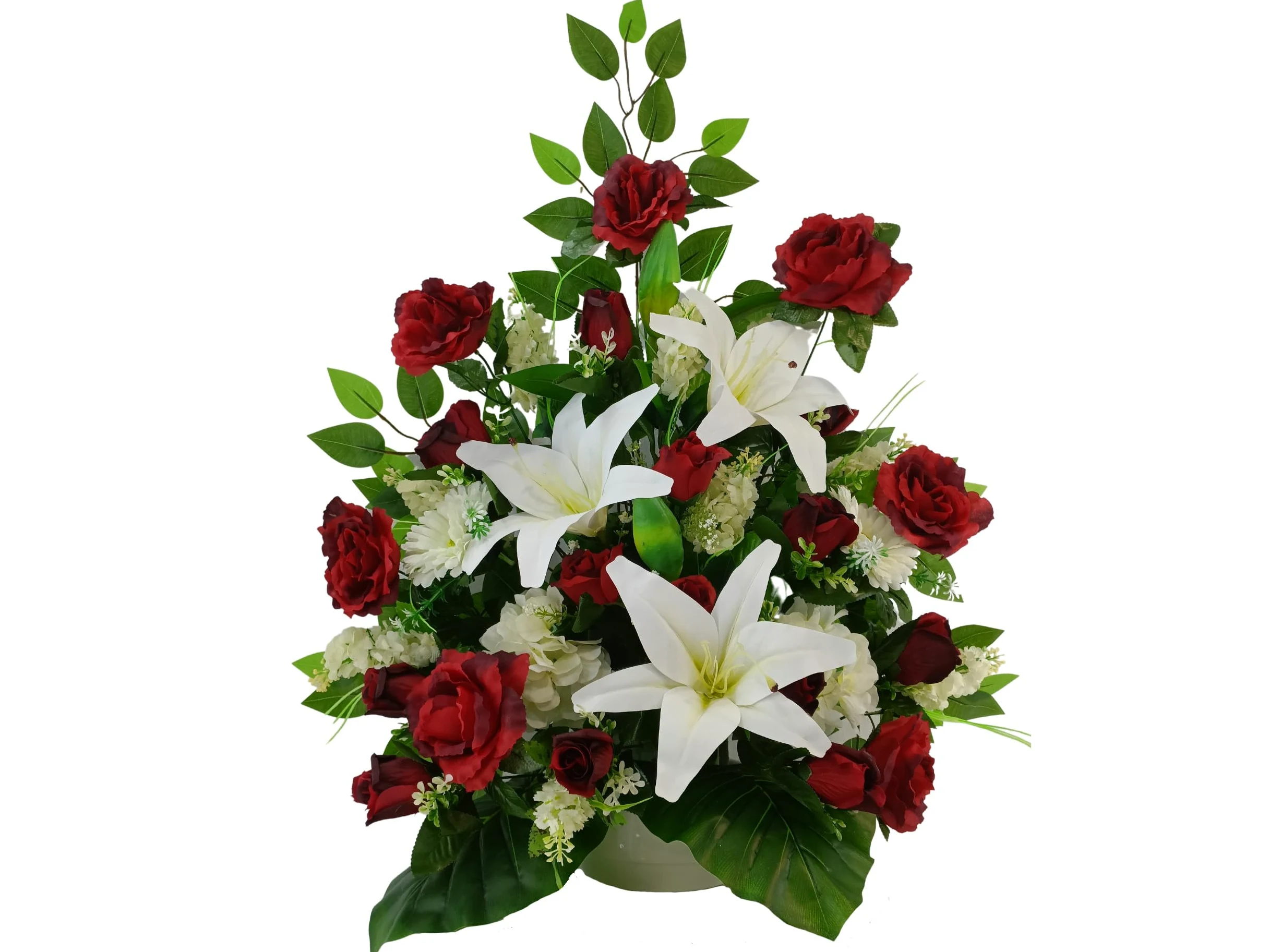 DRW Centre de Fleurs Artificielles pour Cimetière Blanc et Rouge Églises Mariages Centre de Fleurs pour Les Saints avec Liliums, bourgeons, gerberas et hortensias Rouge et Blanc 80x65x30 cm