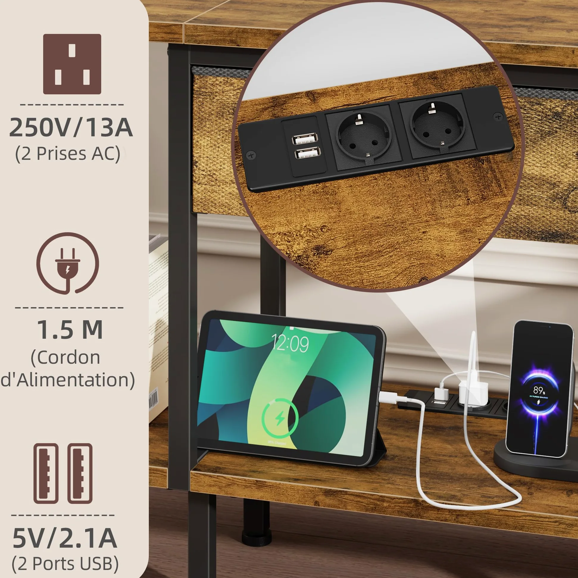 Meuble TV avec Prise et Ports USB, Table Television Salon à Éclairage LED avec Tiroir en Tissu et Étagères Ouvertes, Meuble TV 120 cm pour Téléviseur jusqu'à 55″ Marron Rustique
