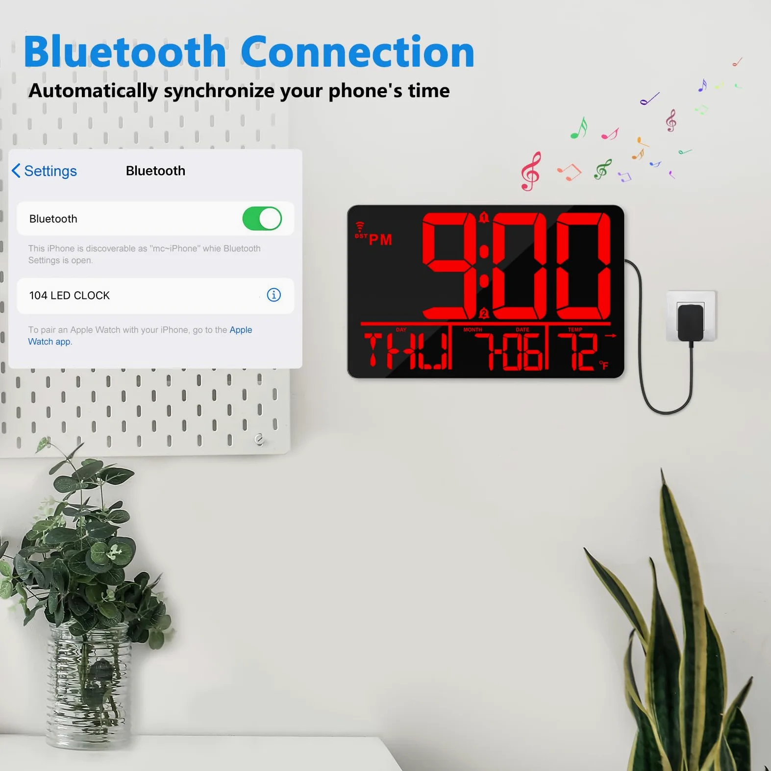 Grande horloge murale numérique LED de 33 cm avec télécommande, synchronisation Bluetooth, 25 sonneries, température, date et jour de la semaine, double alarme, luminosité automatique, DST