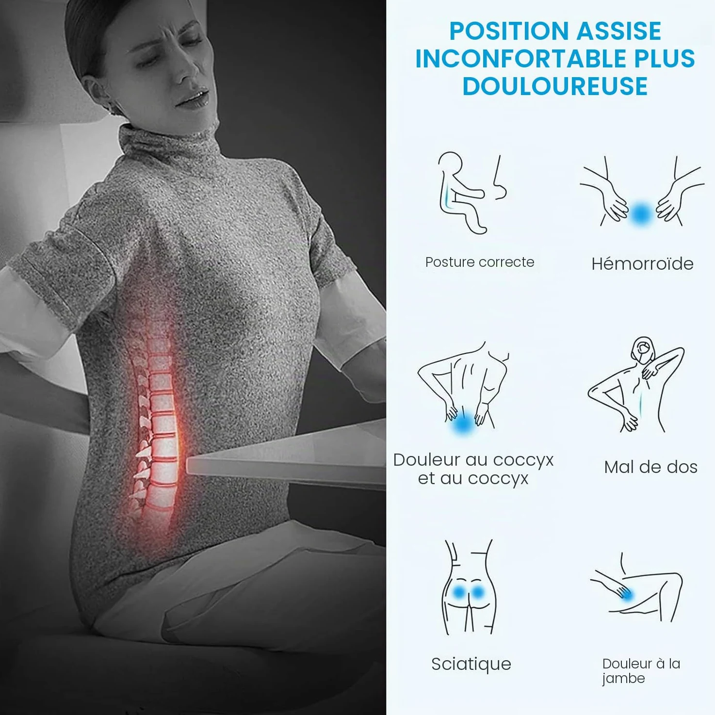Feagar Coussin de Chaises en Mousse à Mémoire - Coussin Coccyx Ergonomique pour Siège Voiture Auto Conducteur Fauteil Bureau Fauteuil Roulant,Coussin Sciatique,Coussin d Assise,Noir