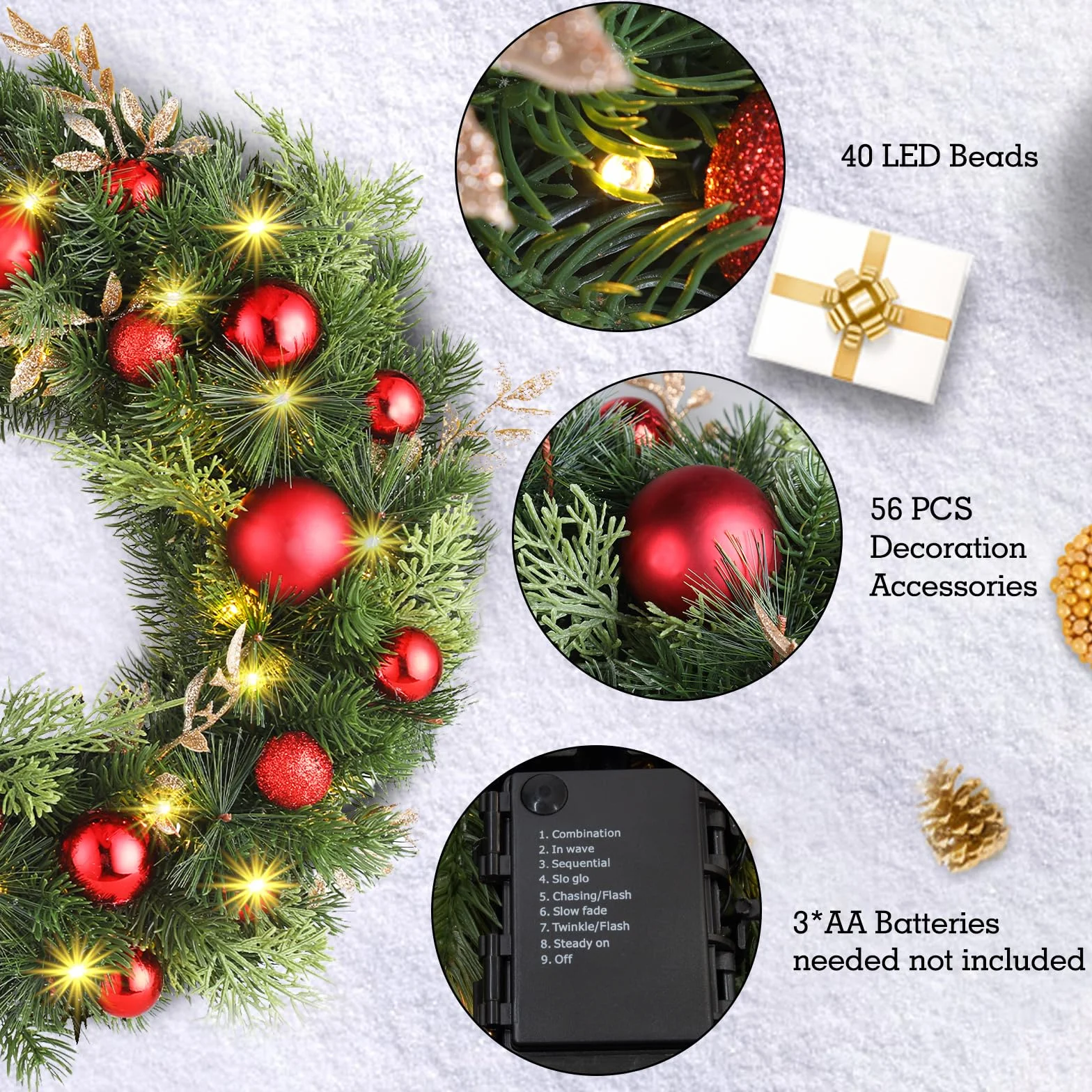 GlobaLink Couronne de Noël, Sapin Artificiel Couronne Porte d'Entrée Couronnes et Guirlandes de Noël Rouges avec Pommes de Pin,40CM
